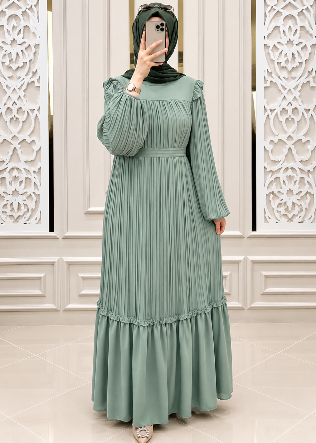 RIDA PLATED FRILL ABAYA | SEA GREEN