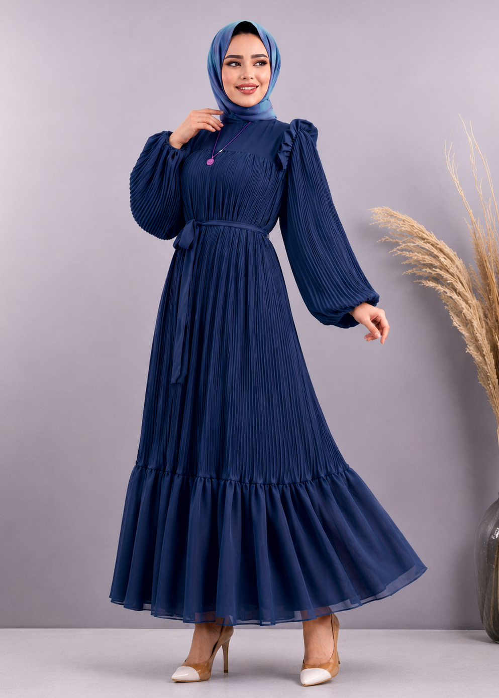 RIDA PLATED FRILL ABAYA | TEAL