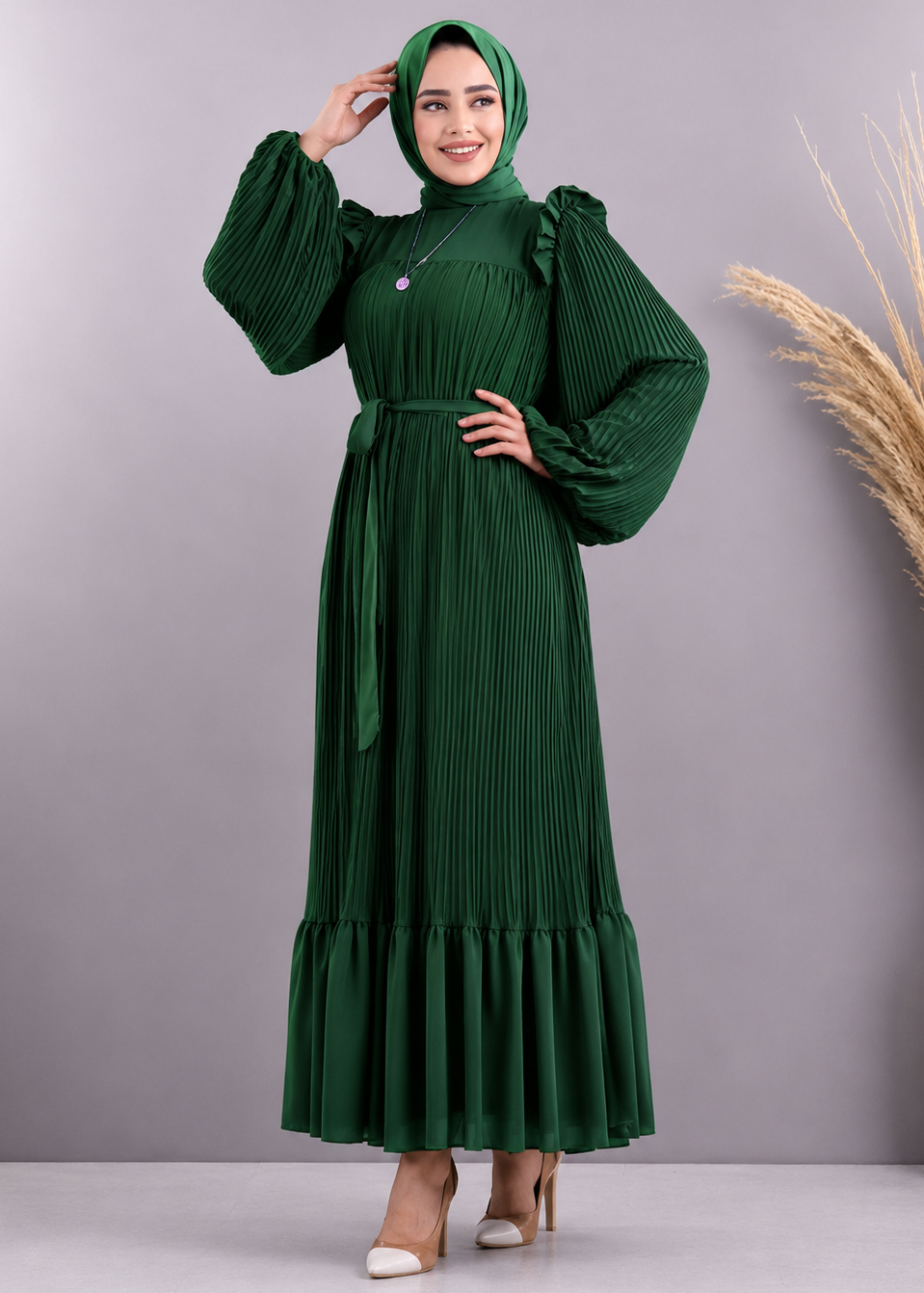 RIDA PLATED FRILL ABAYA | BOTTLE GREEN