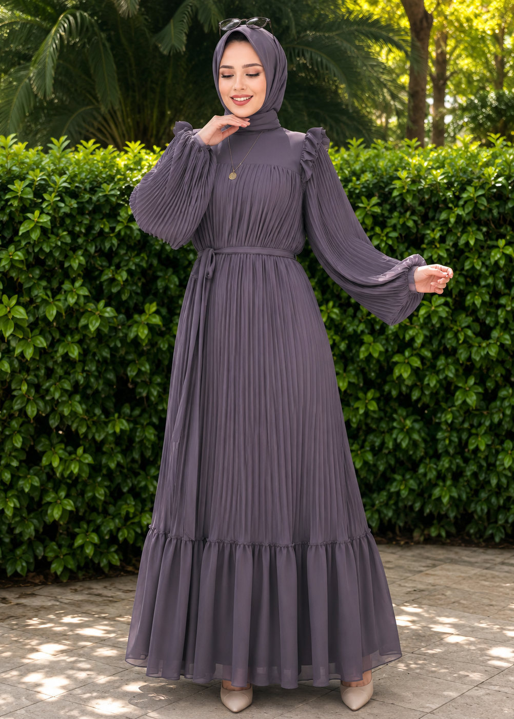 RIDA PLATED FRILL ABAYA | DARK GREY