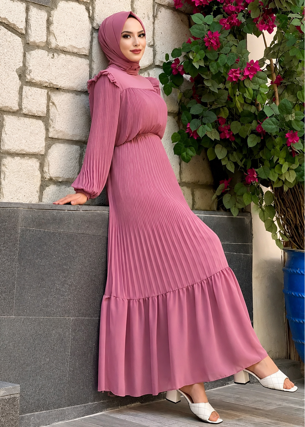 RIDA PLATED FRILL ABAYA | MAUVE PINK