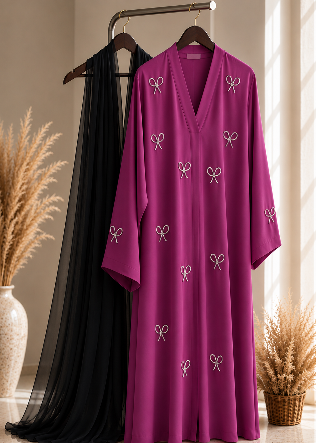 LAYA LUXE - BOW ABAYA | MAUVE PINK