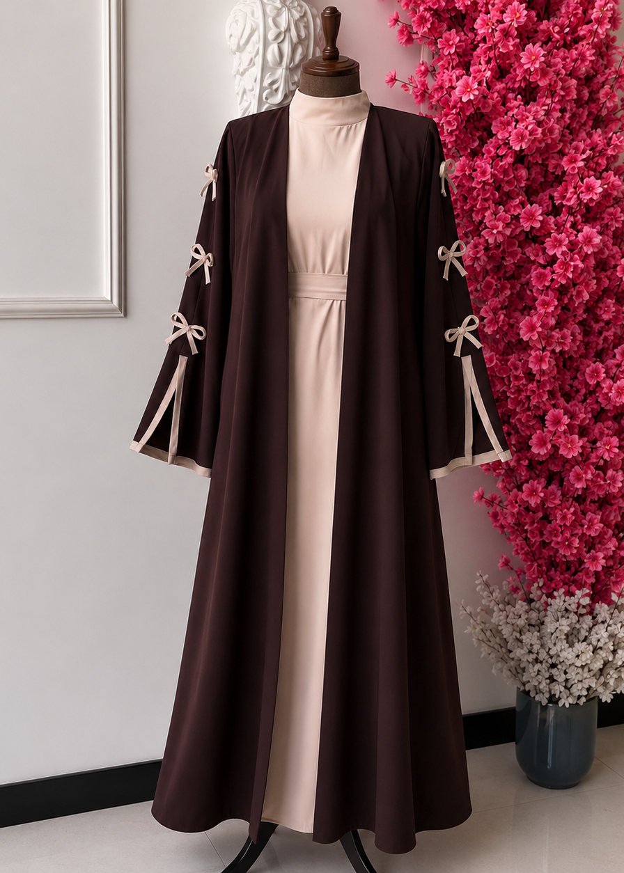 NAYLAH DOUBLE SHRUG BOW ABAYA | COFFEE