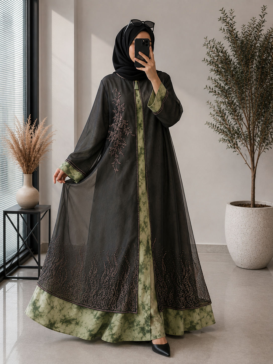3548- DOUBLE LAYER ABAYA | GREEN