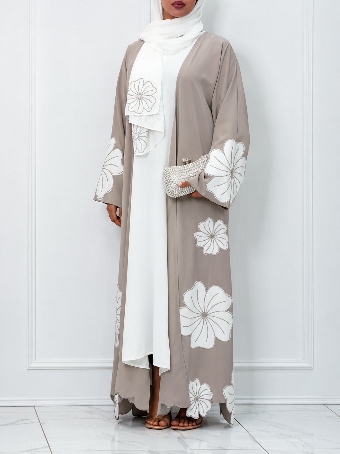 RANIA FLORAL SHRUG ABAYA | NUDE