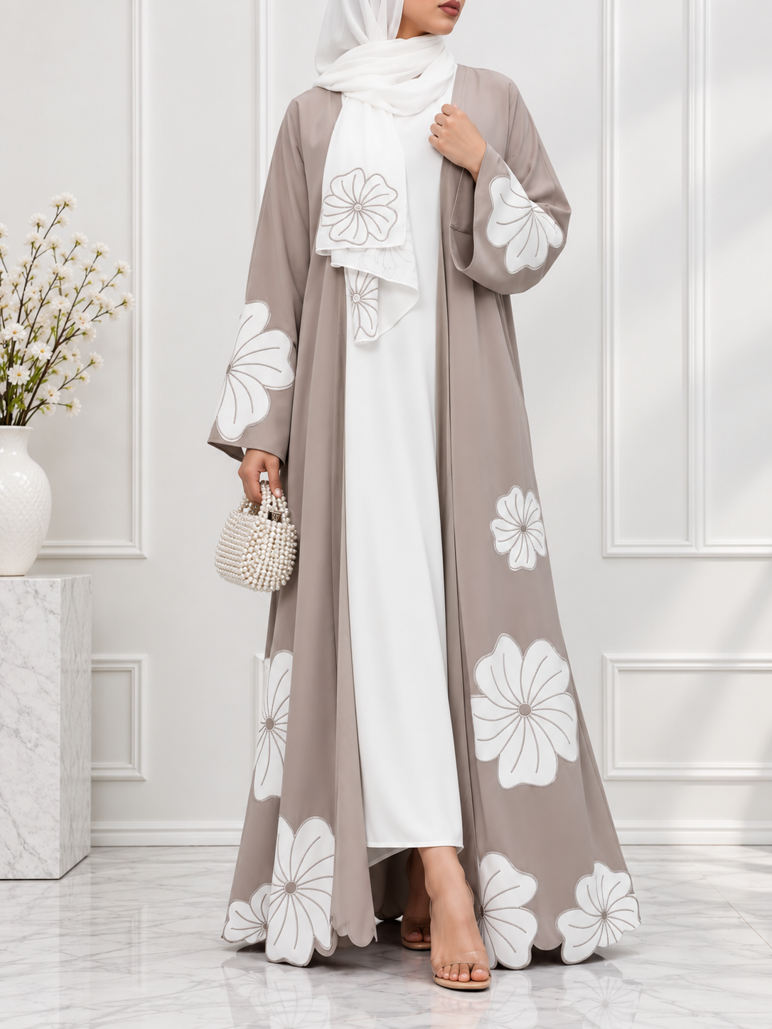 RANIA FLORAL SHRUG ABAYA | NUDE