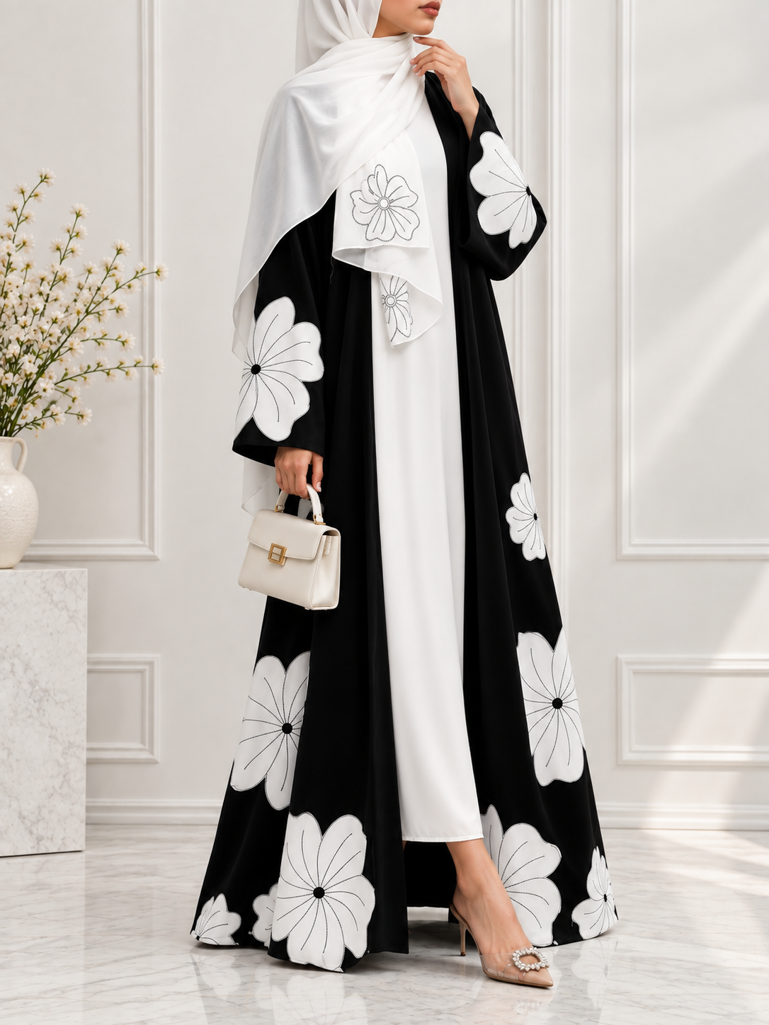 RANIA FLORAL SHRUG ABAYA | BLACK