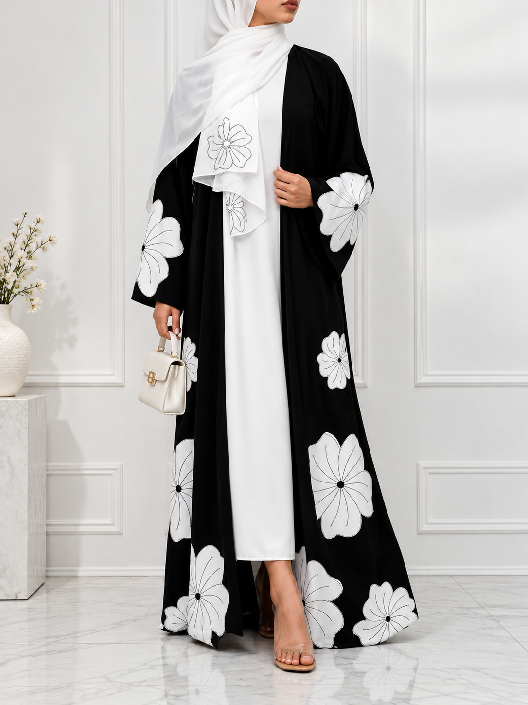 RANIA FLORAL SHRUG ABAYA | BLACK