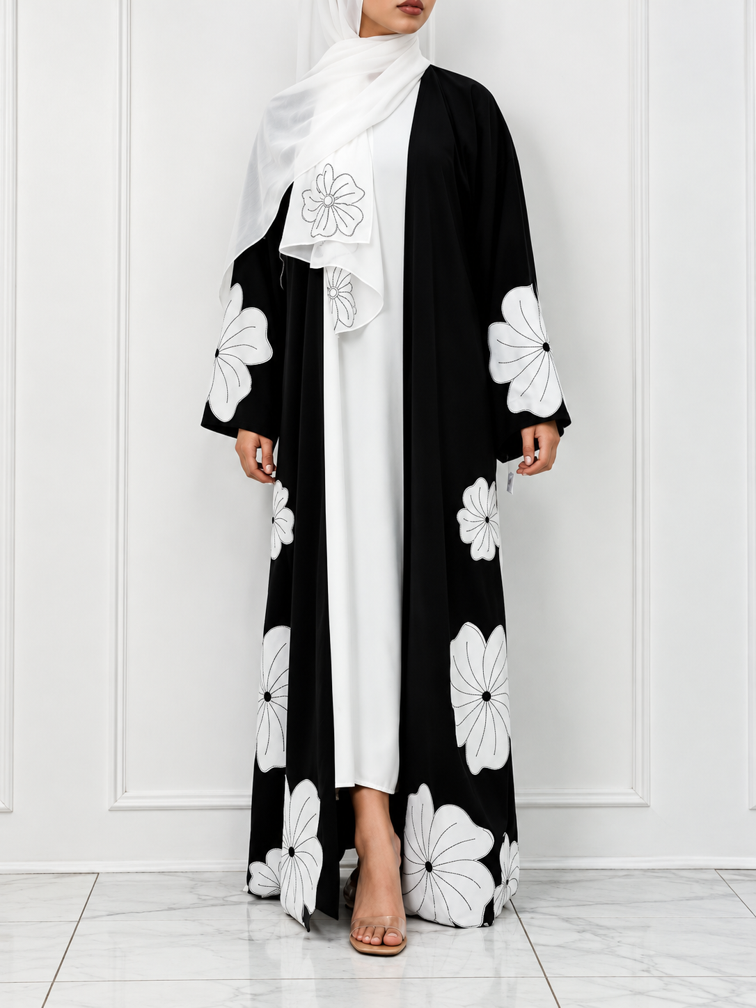RANIA FLORAL SHRUG ABAYA | BLACK