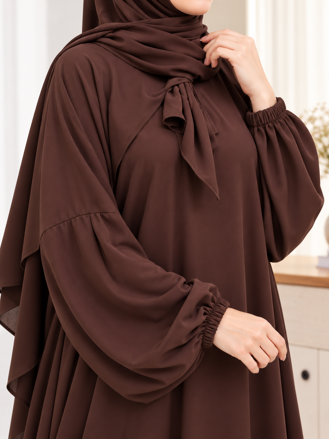 HEEBA LASTIC SLEEVE ABAYA | COFFEE