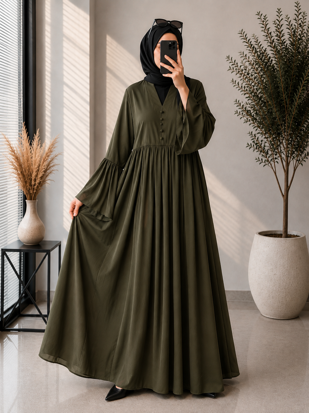 3113 - SANAH PLEATED ABAYA | OLIVE