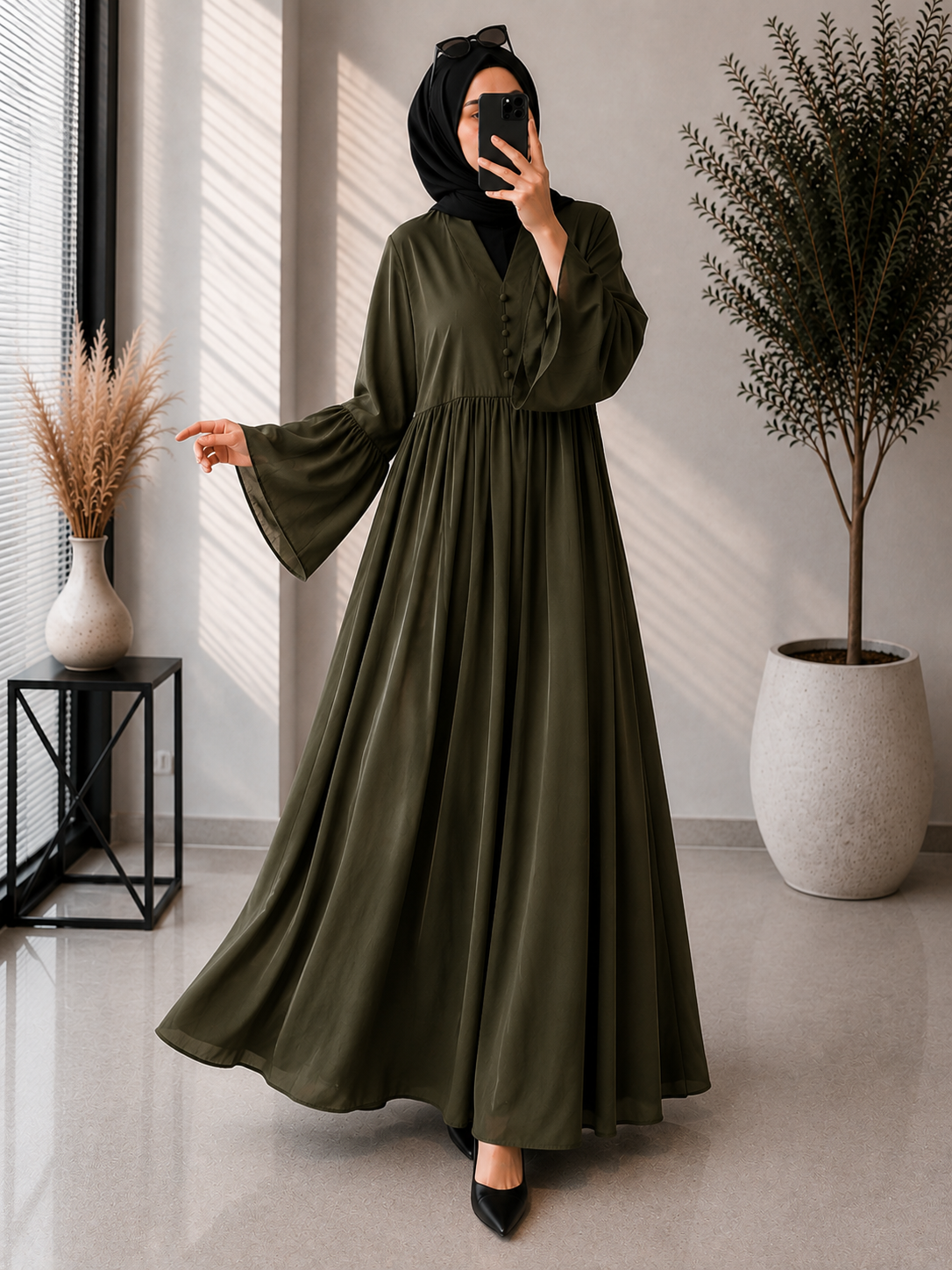3113 - SANAH PLEATED ABAYA | OLIVE