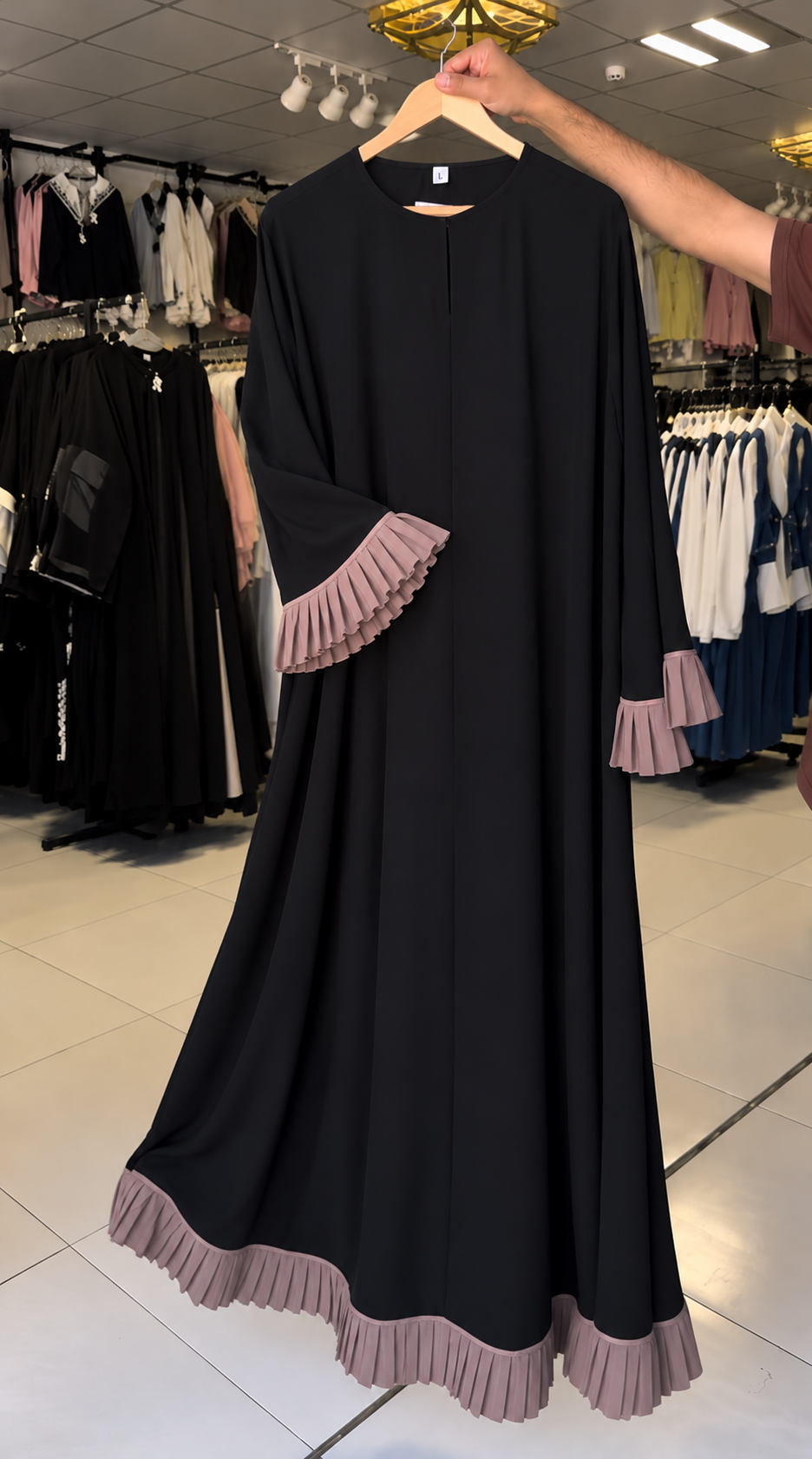 TAZIN PLEATED SLEEVE ABAYA | BLACK
