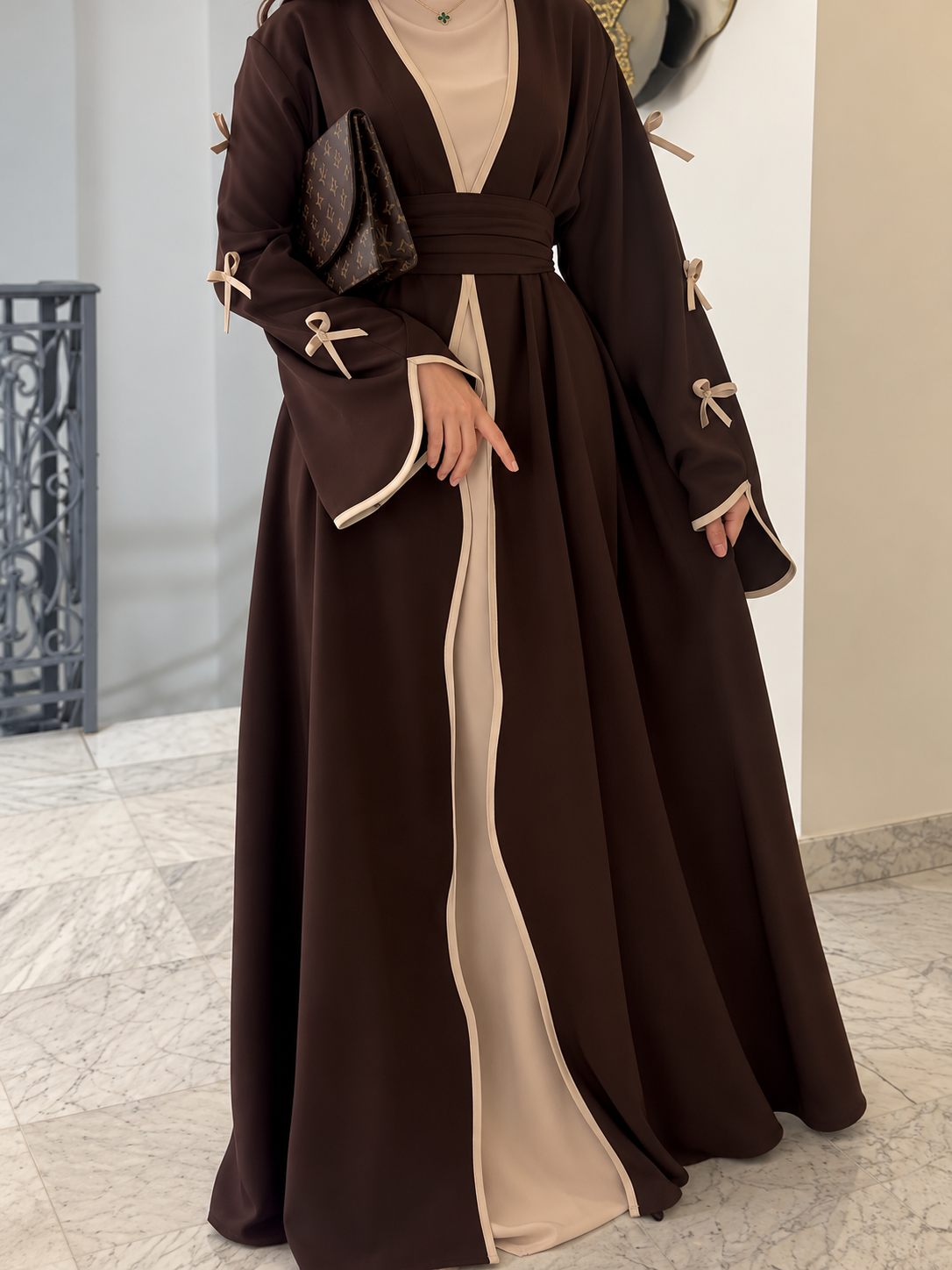 ZOE DOUBLE SHRUG BOW ABAYA | COFFEE