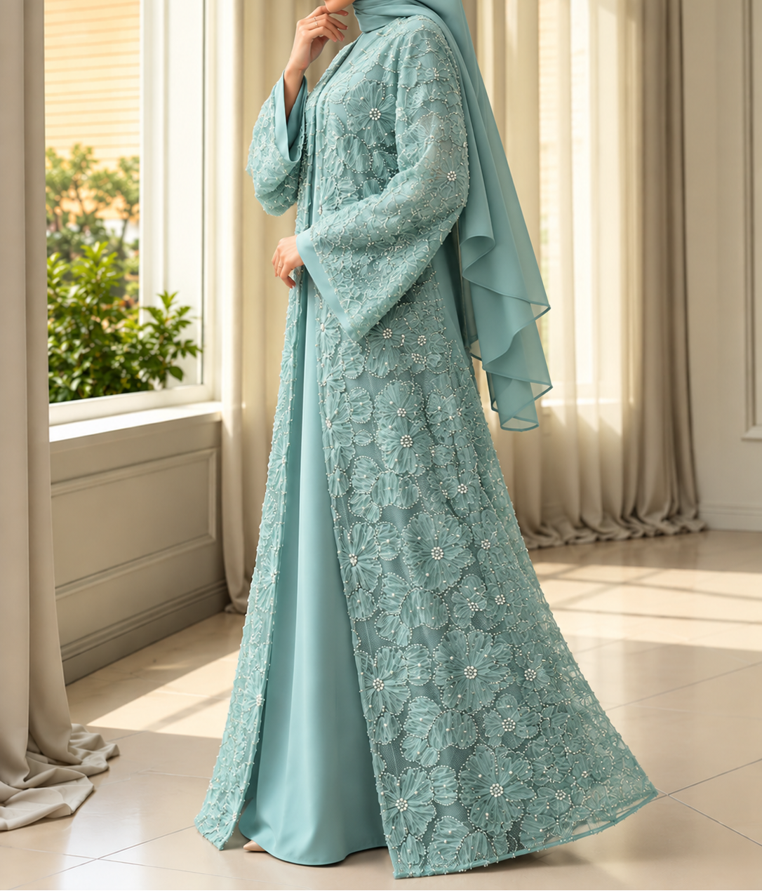 ELINA FLORAL DS ABAYA | SEA GREEN