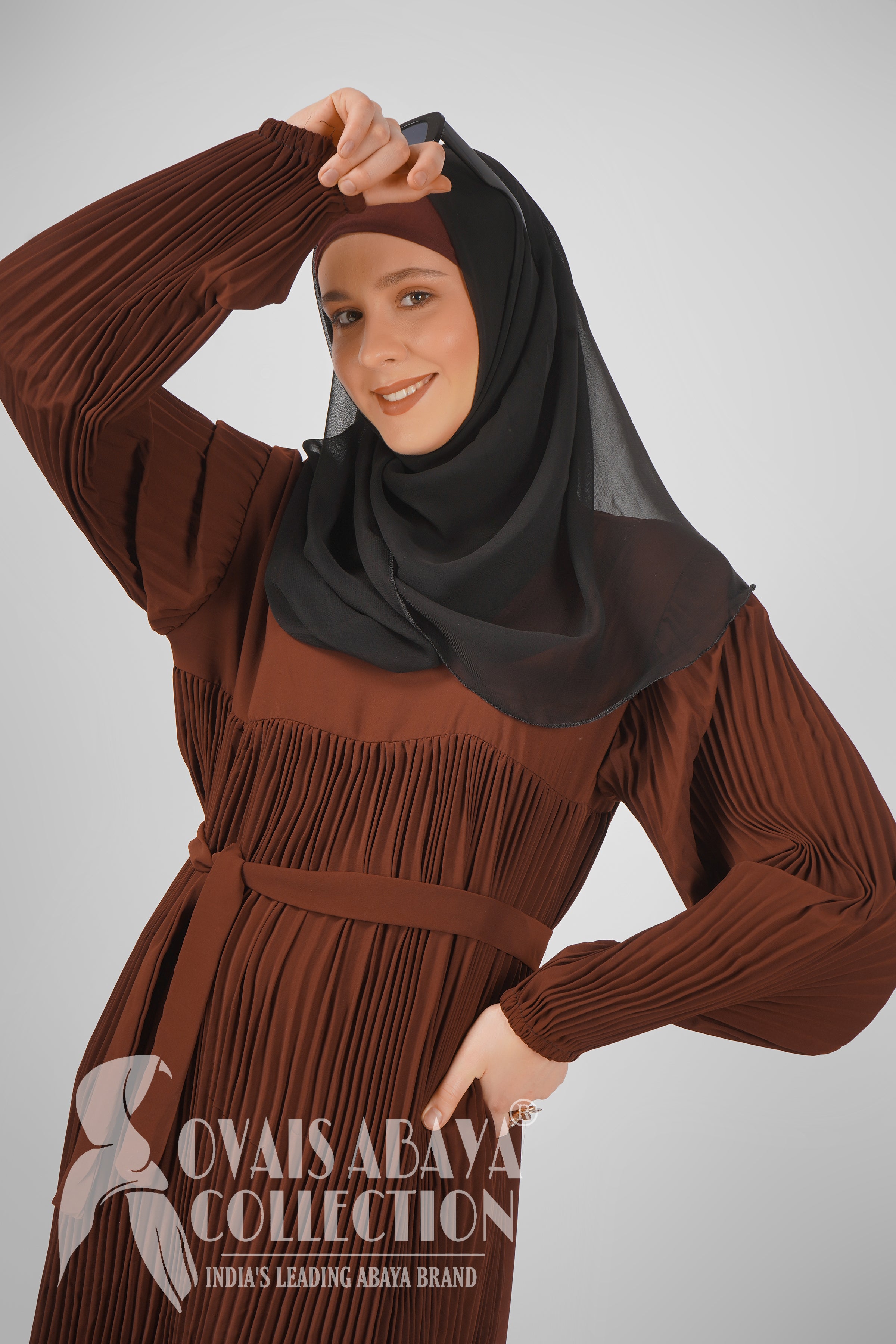 RIDA PLATED FRILL ABAYA | DARK BROWN