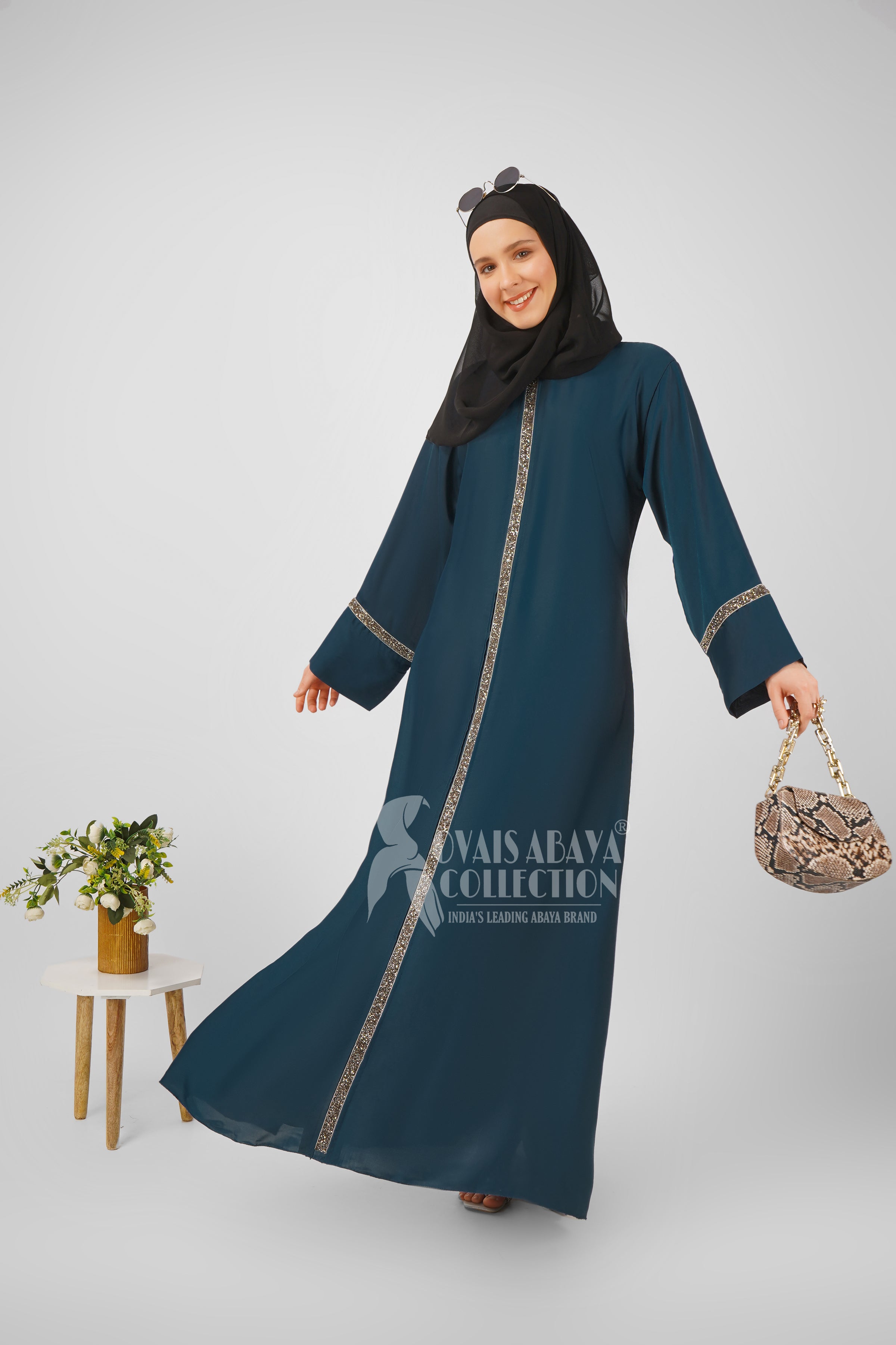 LAIBA STONE LACE ABAYA | NAVY BLUE