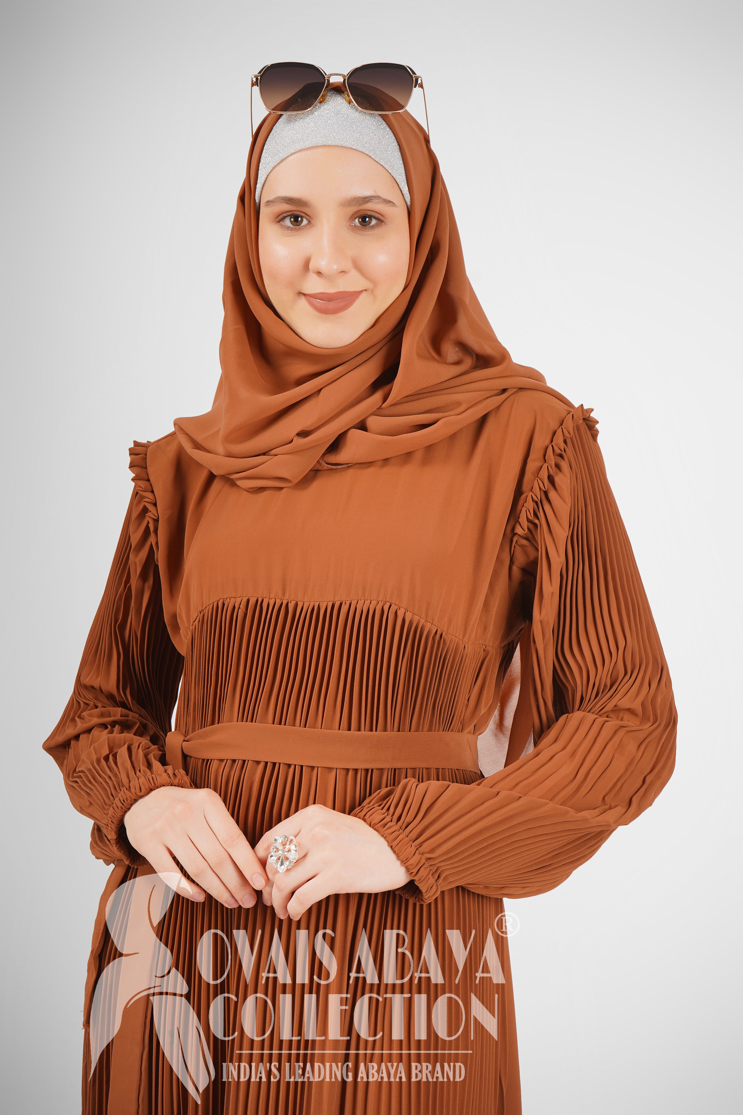 RIDA PLATED FRILL ABAYA | MOCHA BROWN