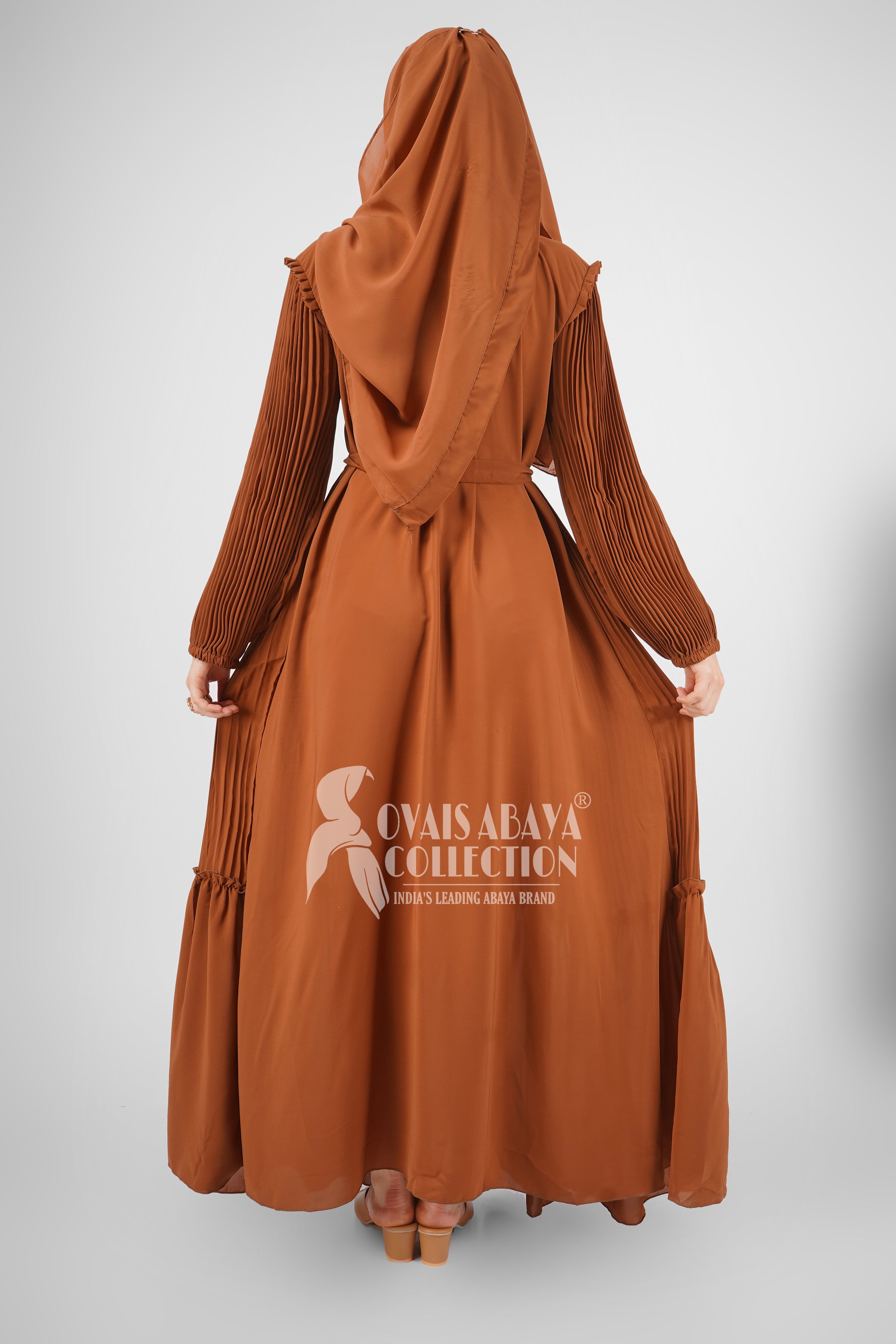 RIDA PLATED FRILL ABAYA | MOCHA BROWN