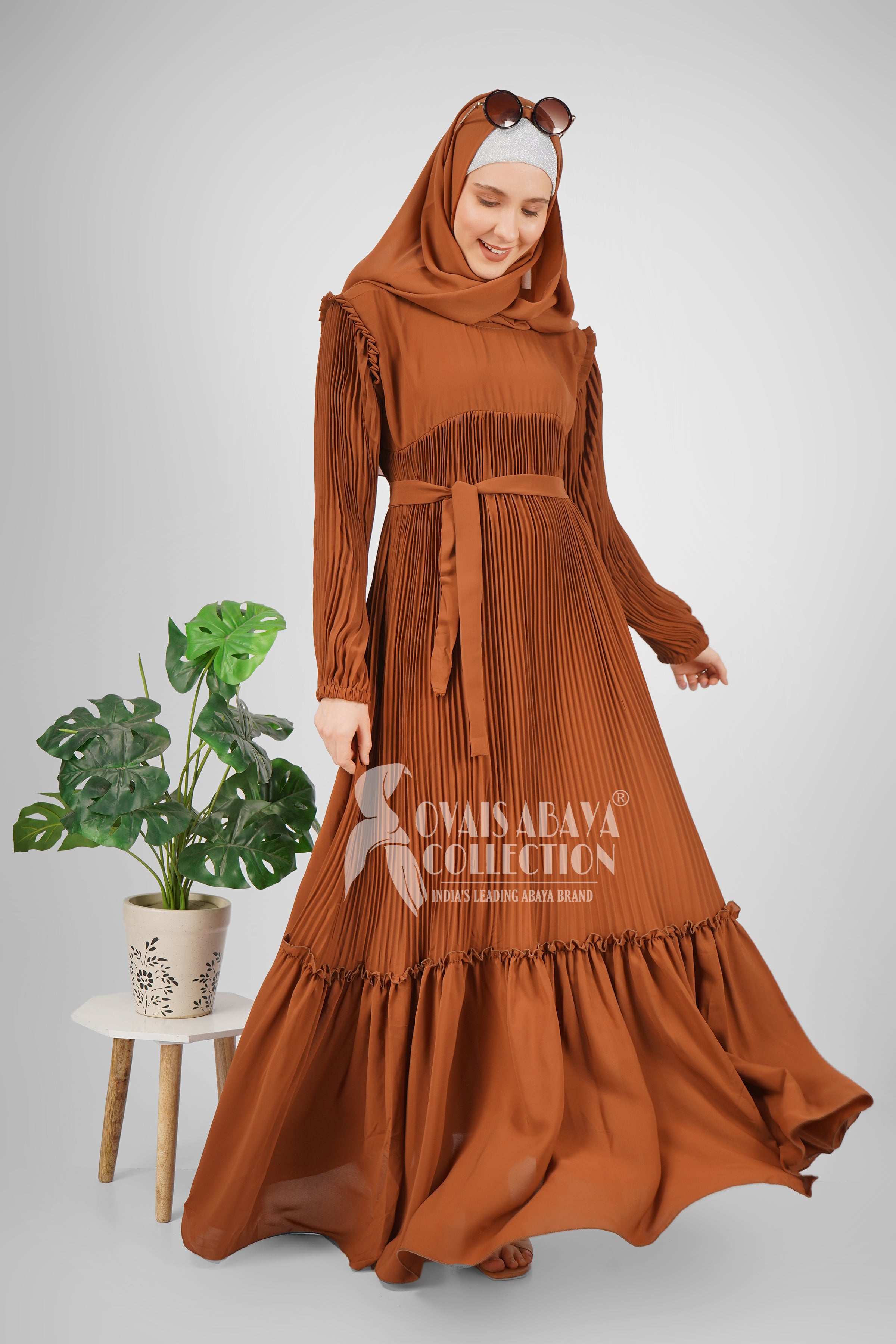 RIDA PLATED FRILL ABAYA | MOCHA BROWN