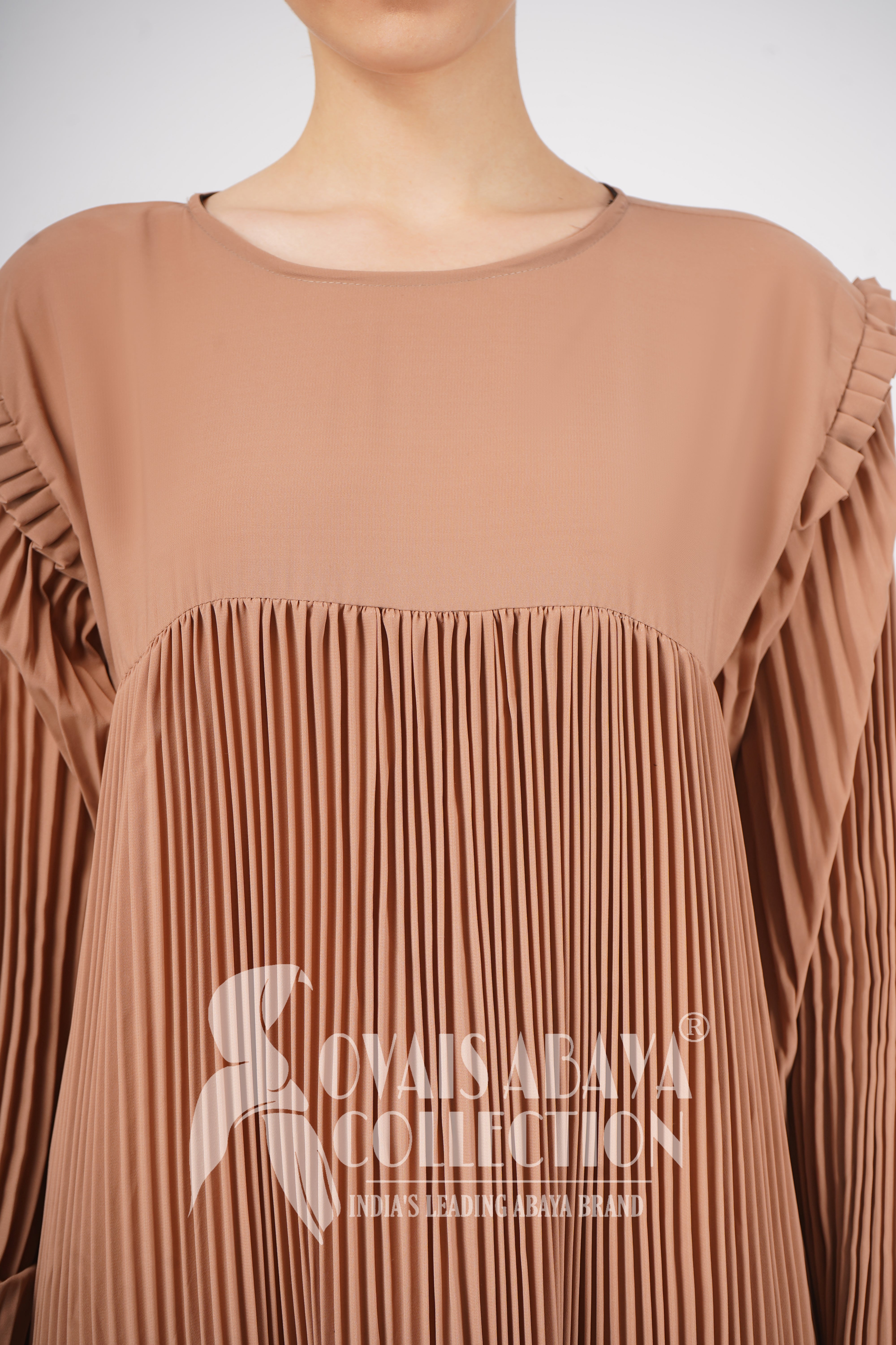 RIDA PLATED FRILL ABAYA | BEIGE