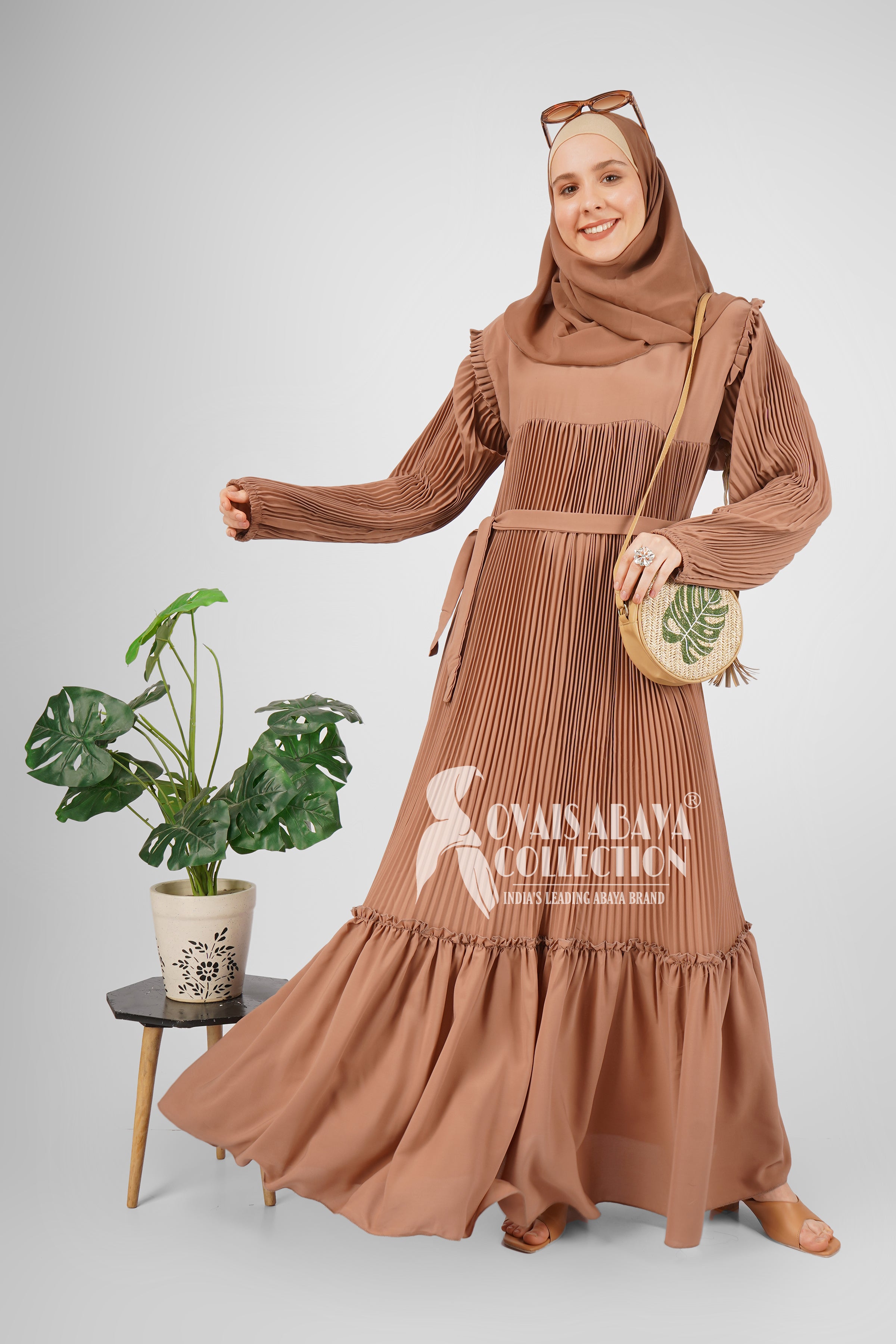 RIDA PLATED FRILL ABAYA | BEIGE