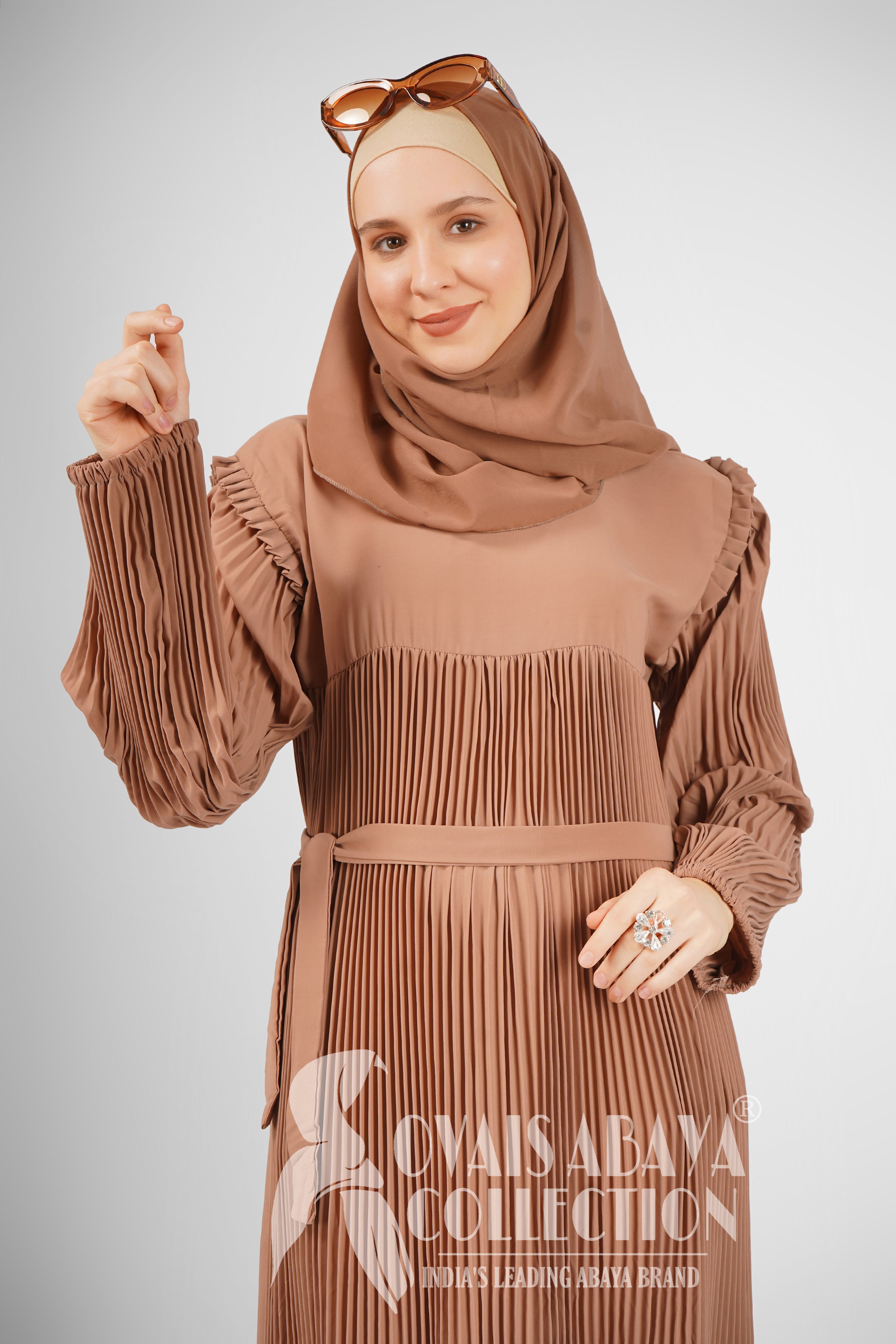 RIDA PLATED FRILL ABAYA | BEIGE