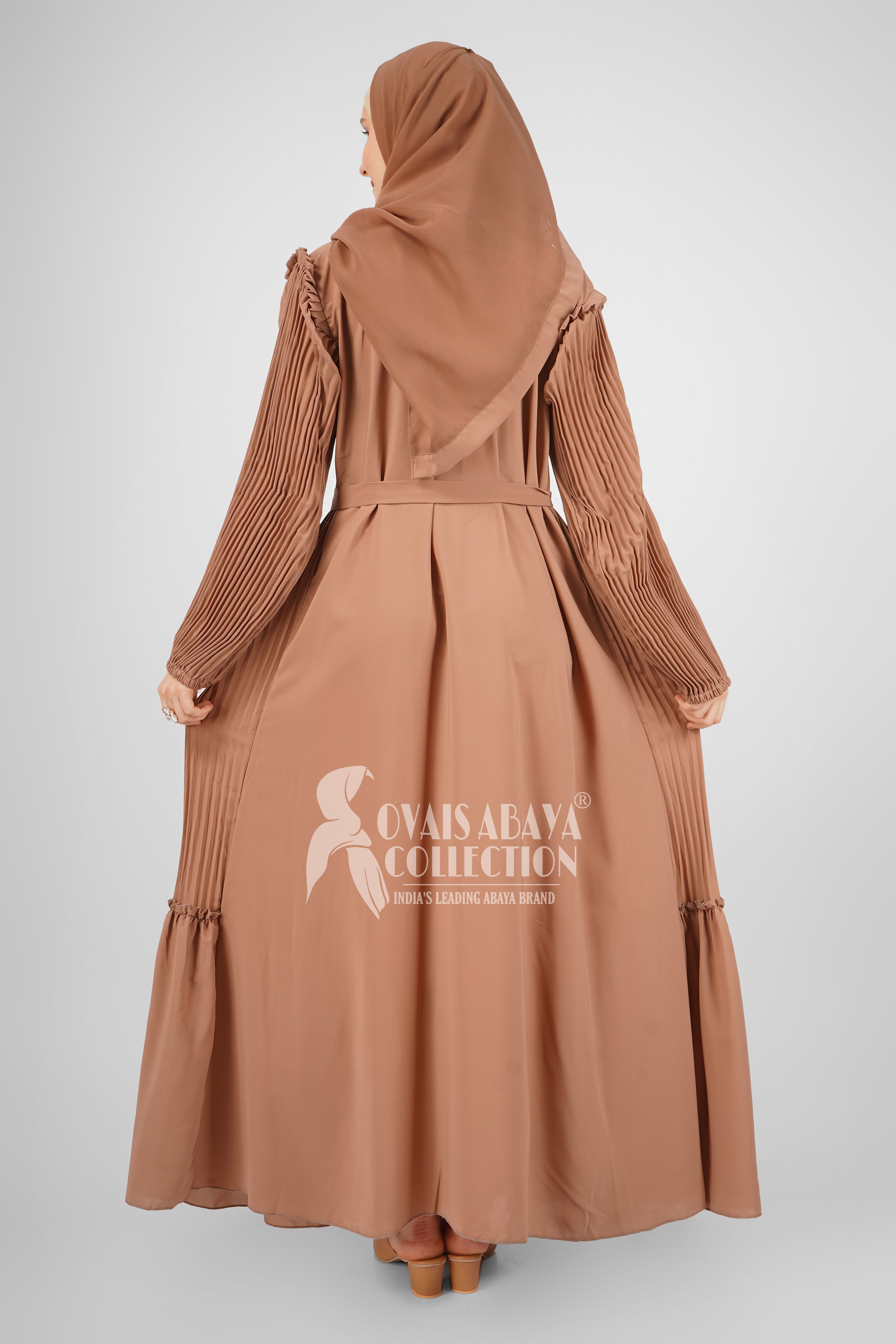 RIDA PLATED FRILL ABAYA | BEIGE