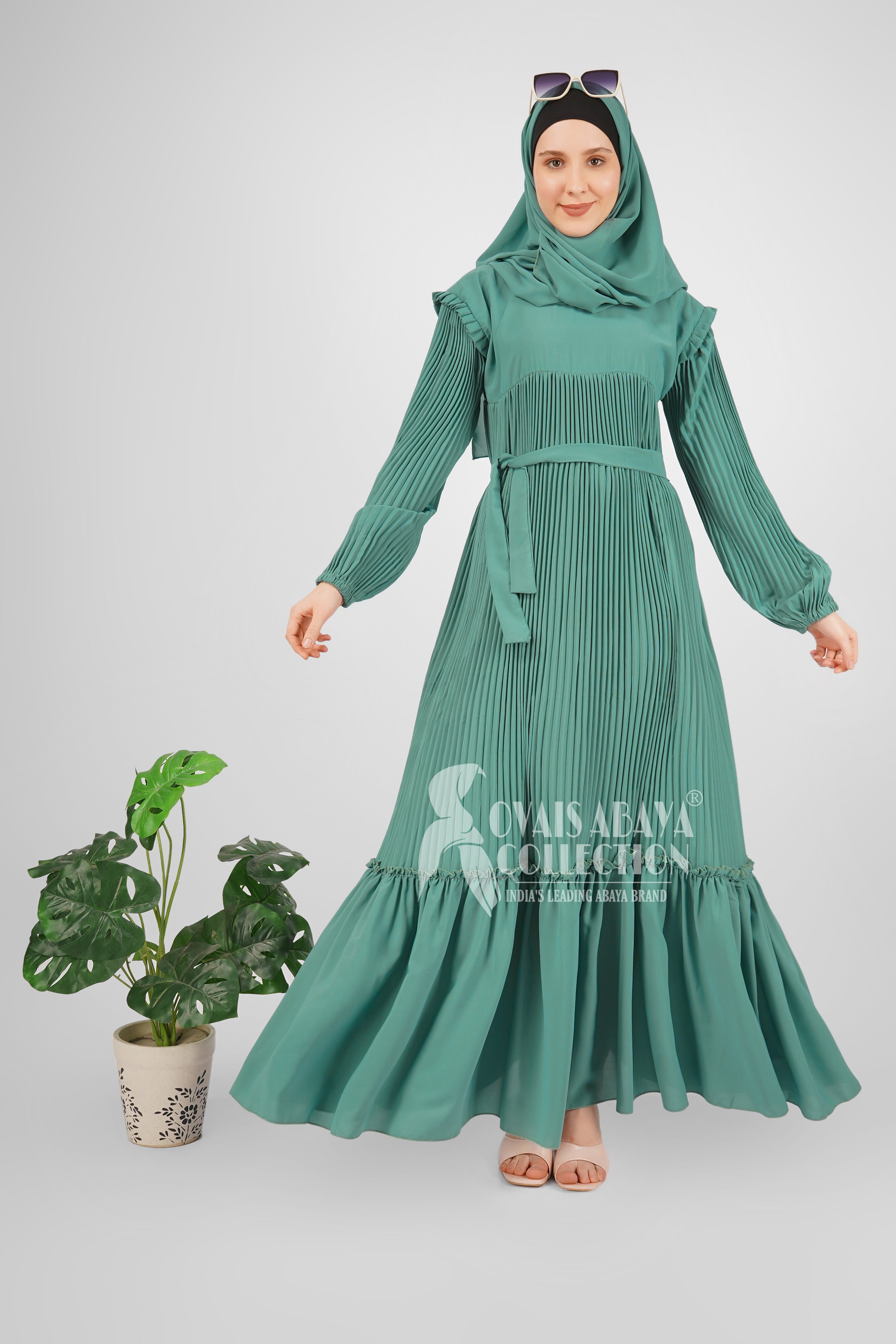 RIDA PLATED FRILL ABAYA | SEA GREEN