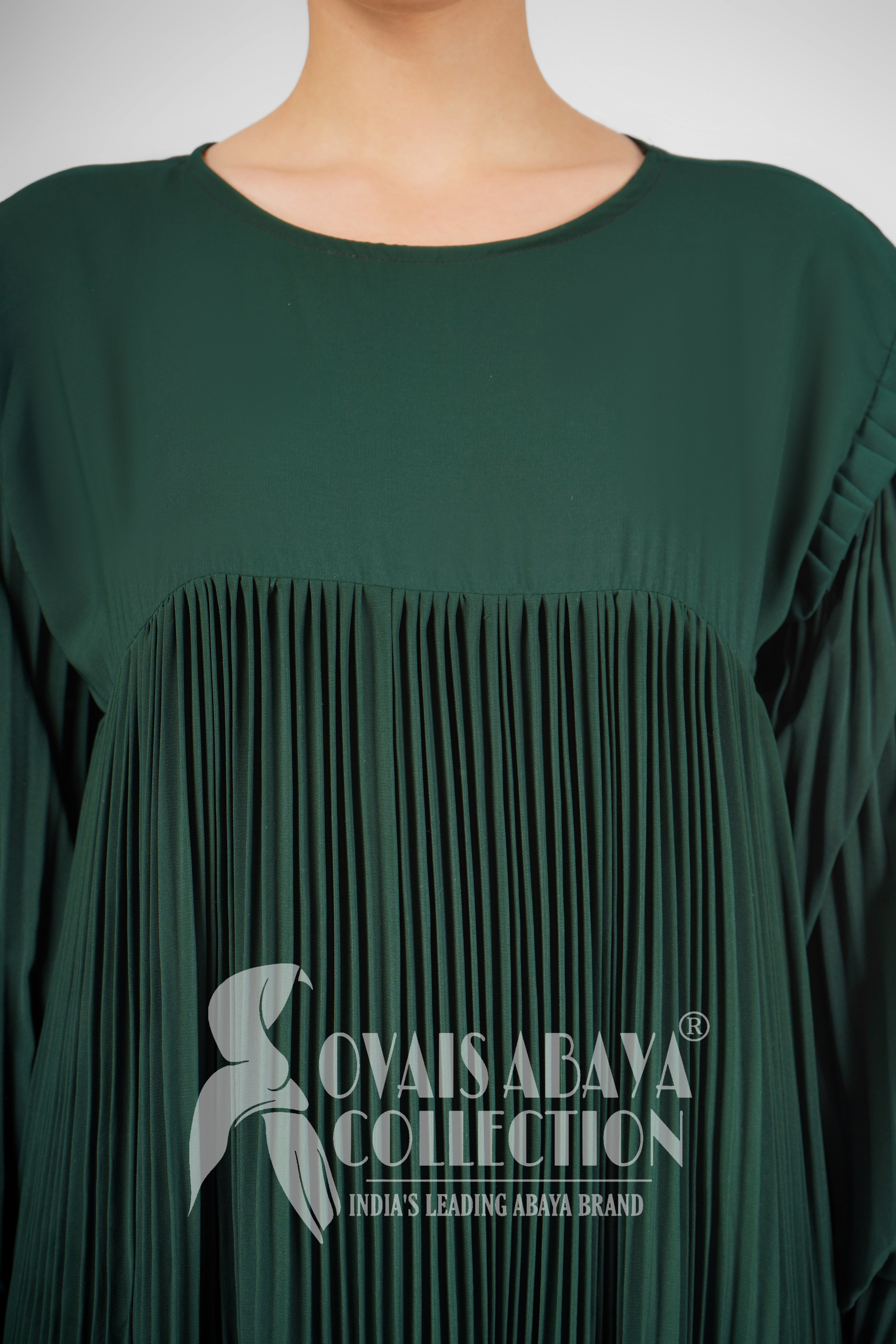 RIDA PLATED FRILL ABAYA | BOTTLE GREEN