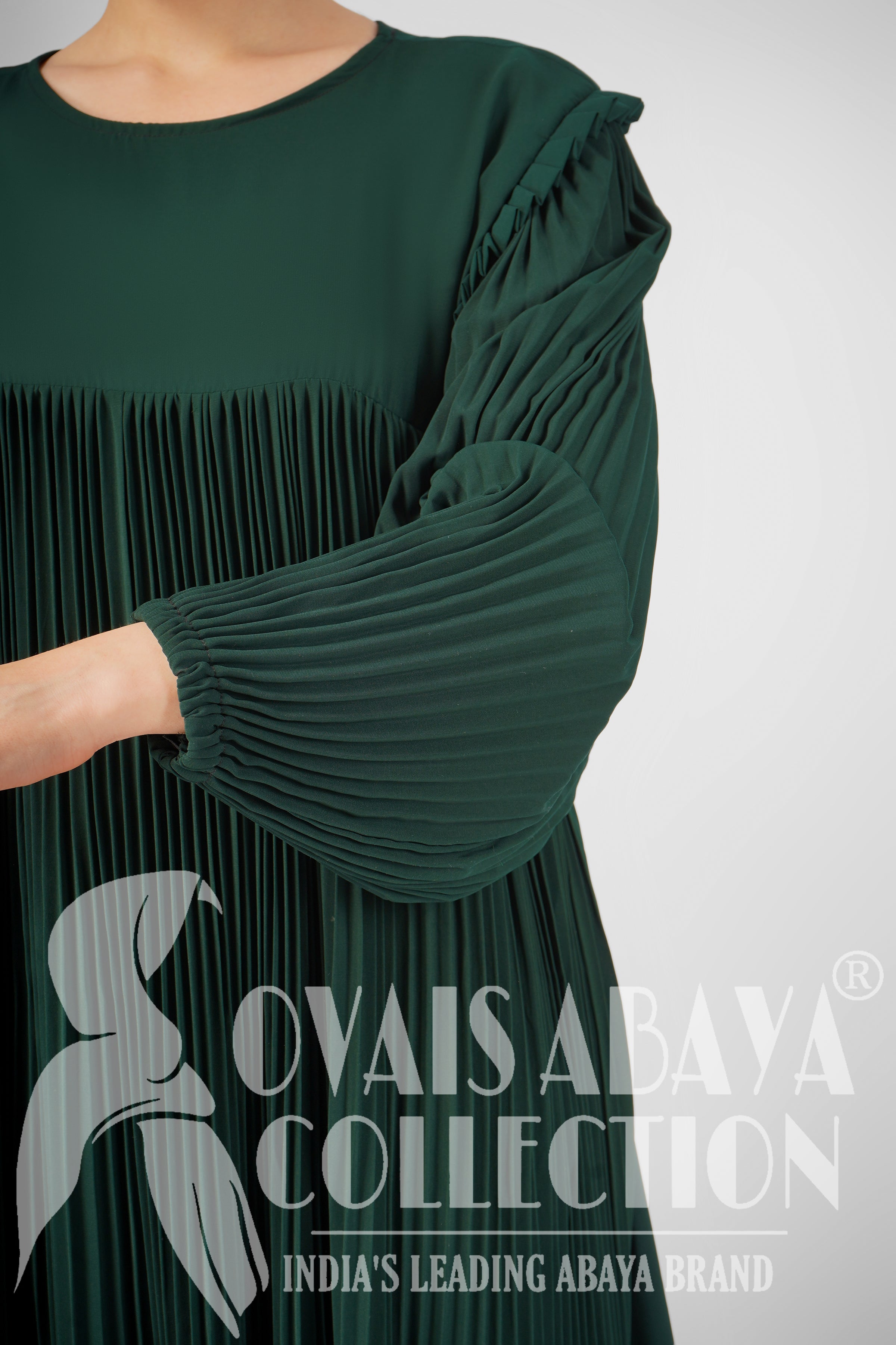 RIDA PLATED FRILL ABAYA | BOTTLE GREEN