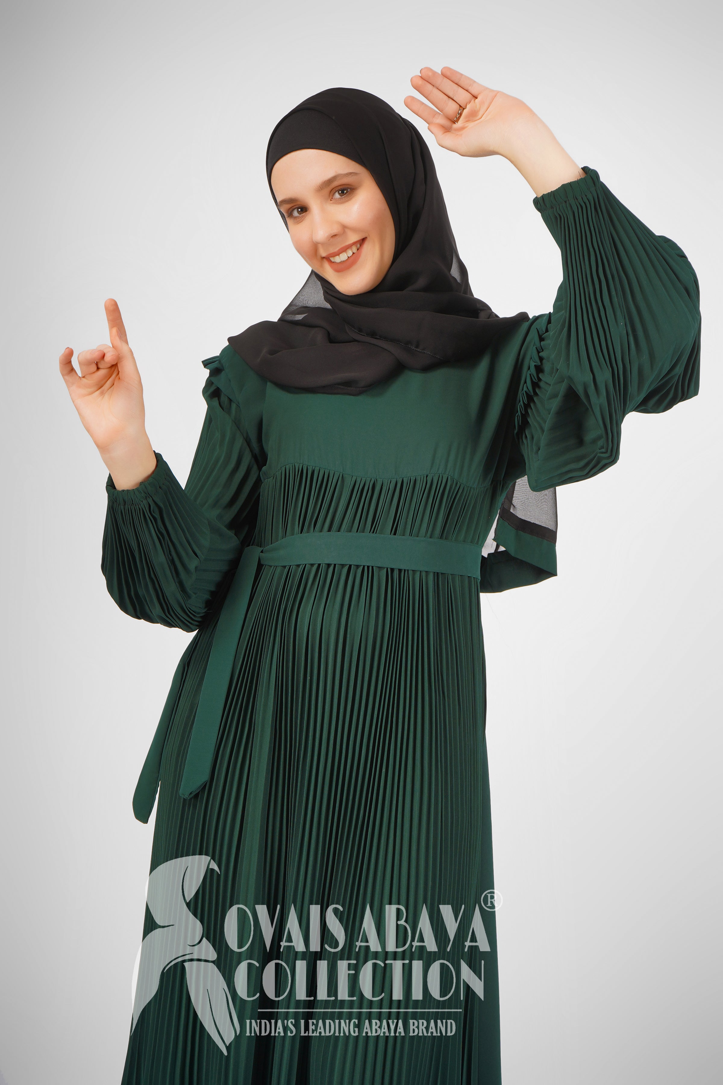 RIDA PLATED FRILL ABAYA | BOTTLE GREEN