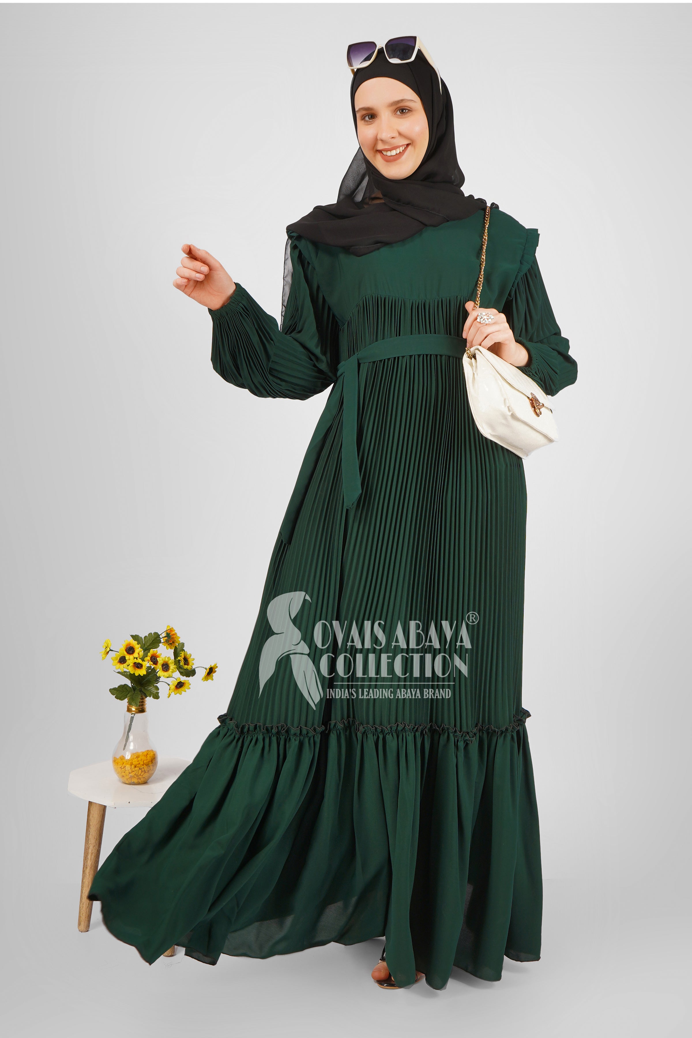 RIDA PLATED FRILL ABAYA | BOTTLE GREEN