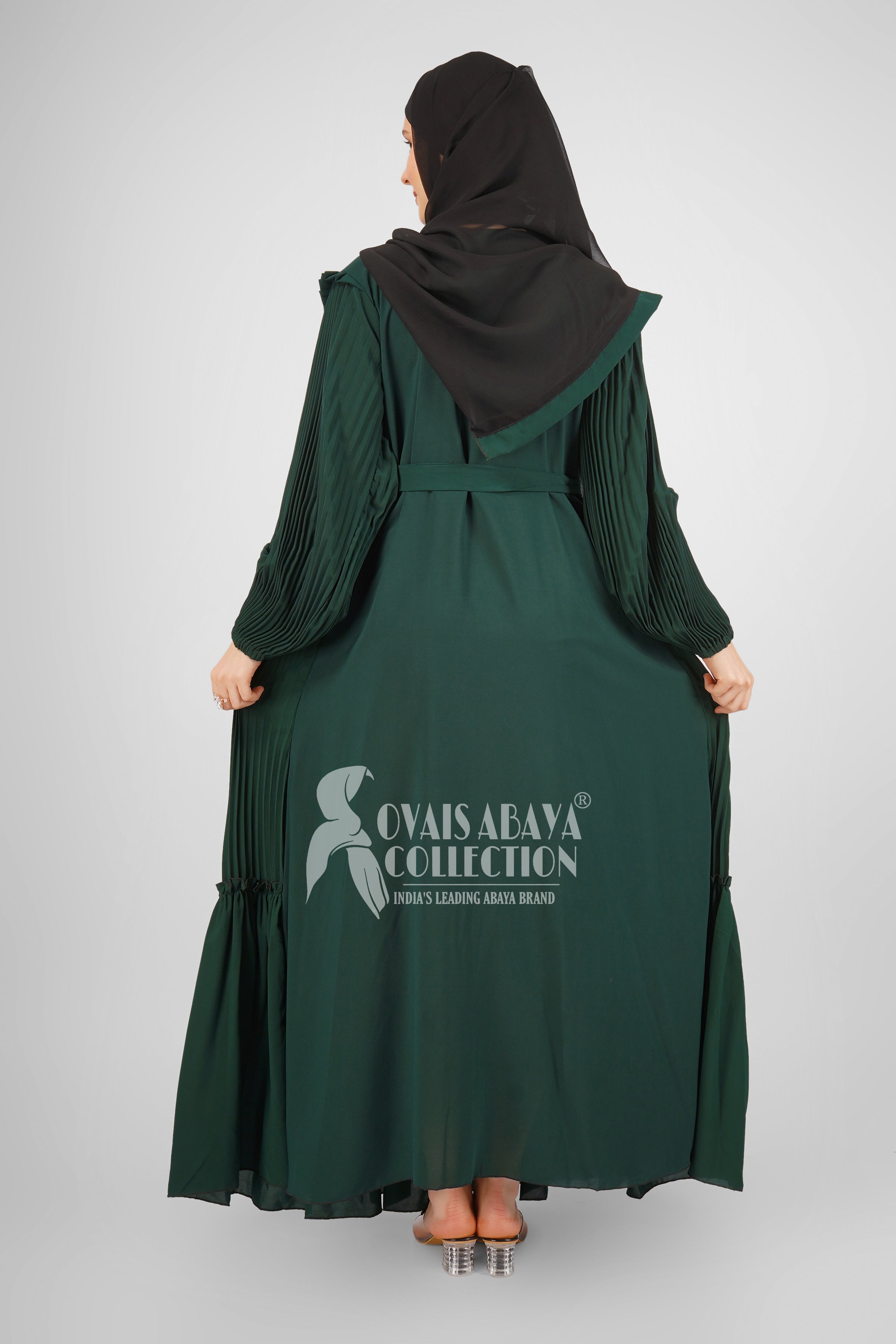 RIDA PLATED FRILL ABAYA | BOTTLE GREEN