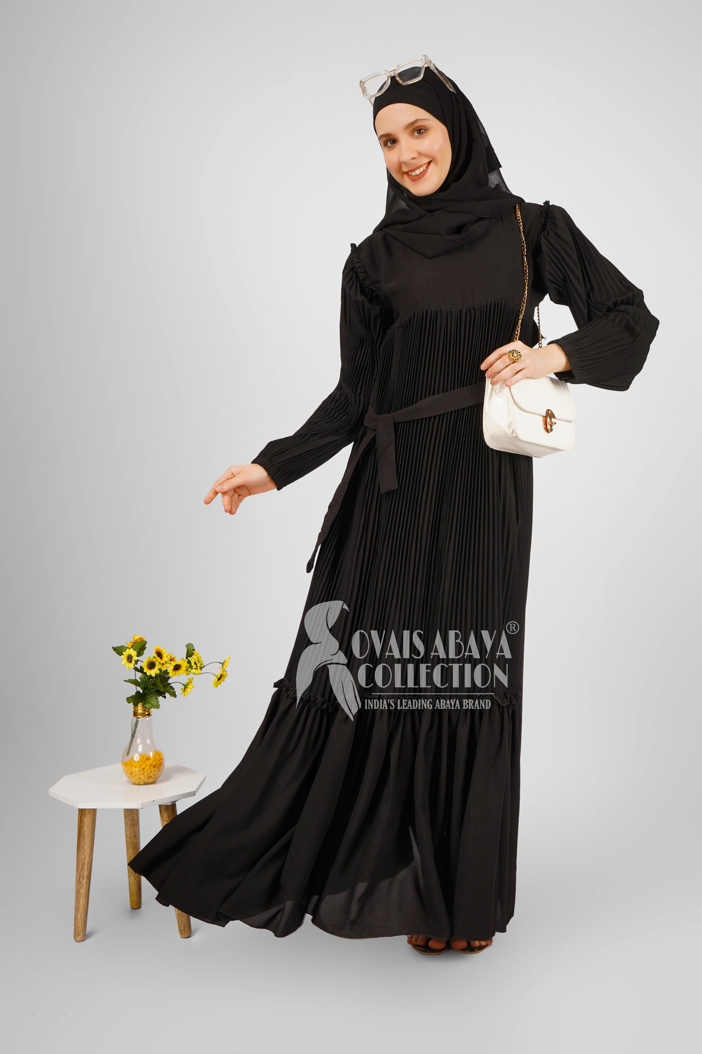 RIDA PLATED FRILL ABAYA | BLACK