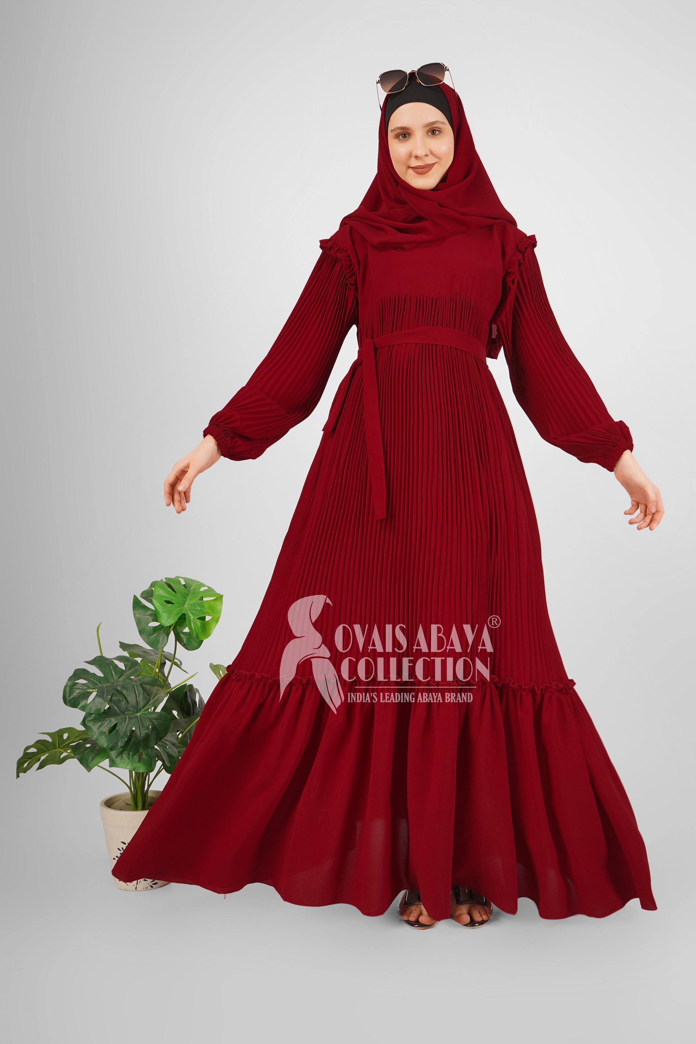 RIDA PLATED FRILL ABAYA | LITE RED