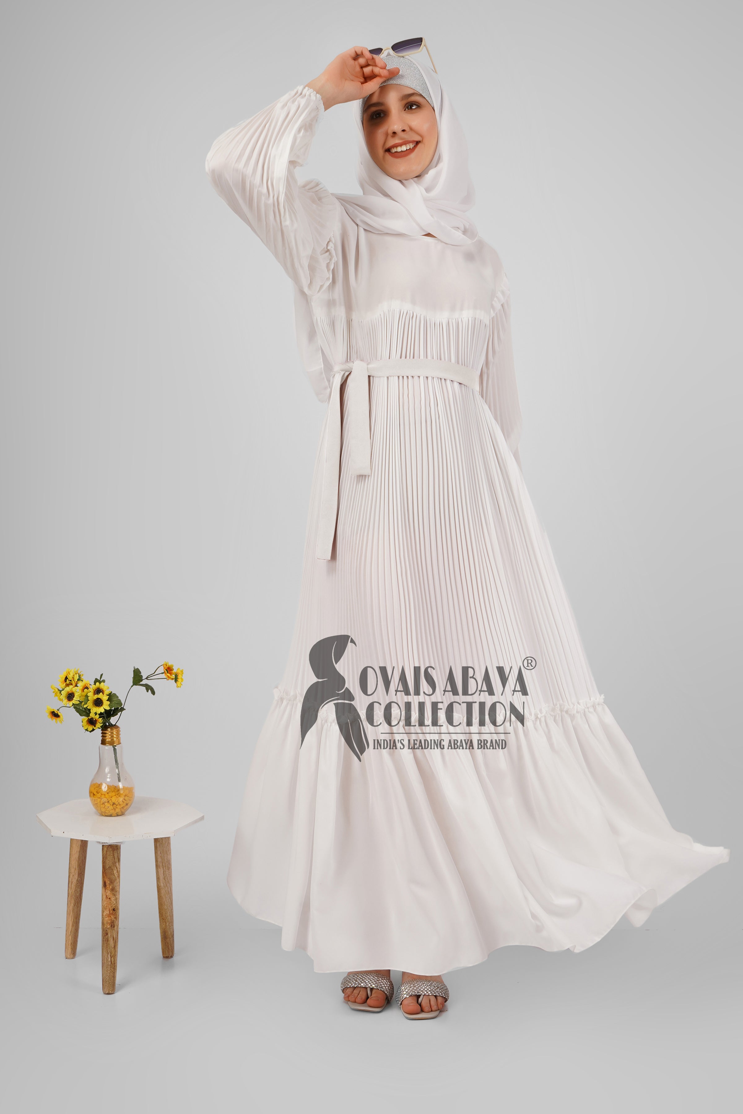 RIDA PLATED FRILL ABAYA | WHITE