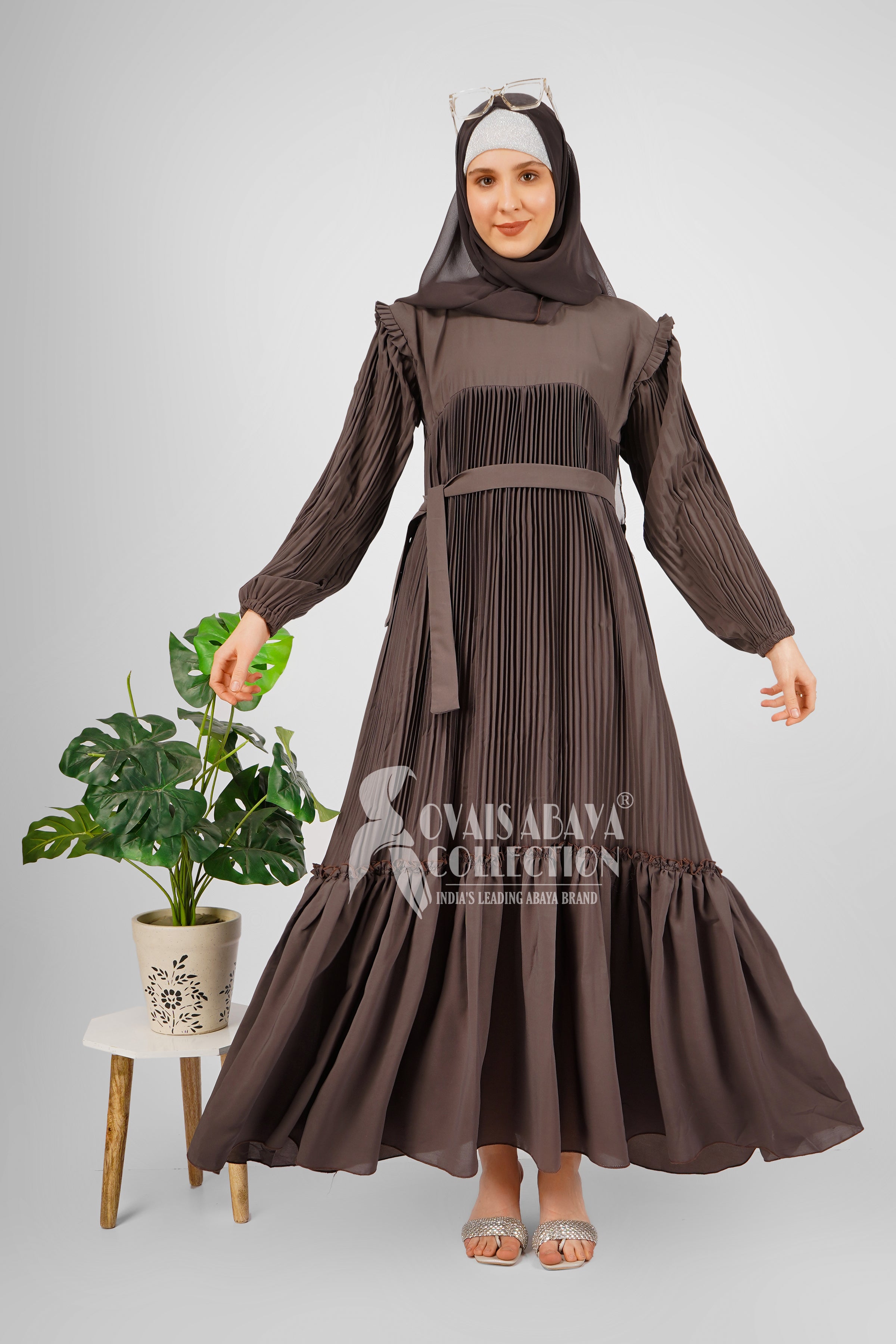 RIDA PLATED FRILL ABAYA | DARK GRAY
