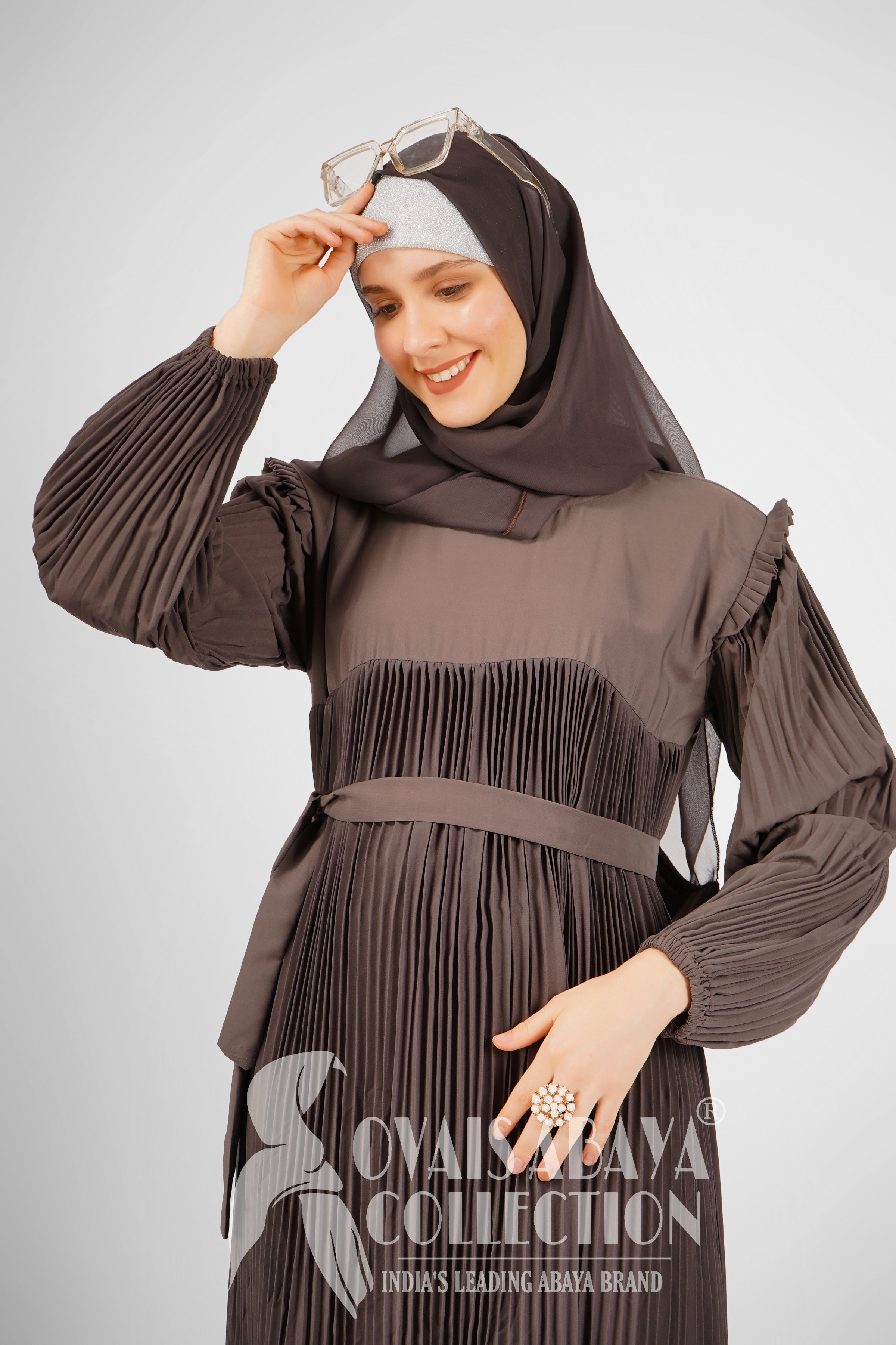 RIDA PLATED FRILL ABAYA | DARK GRAY
