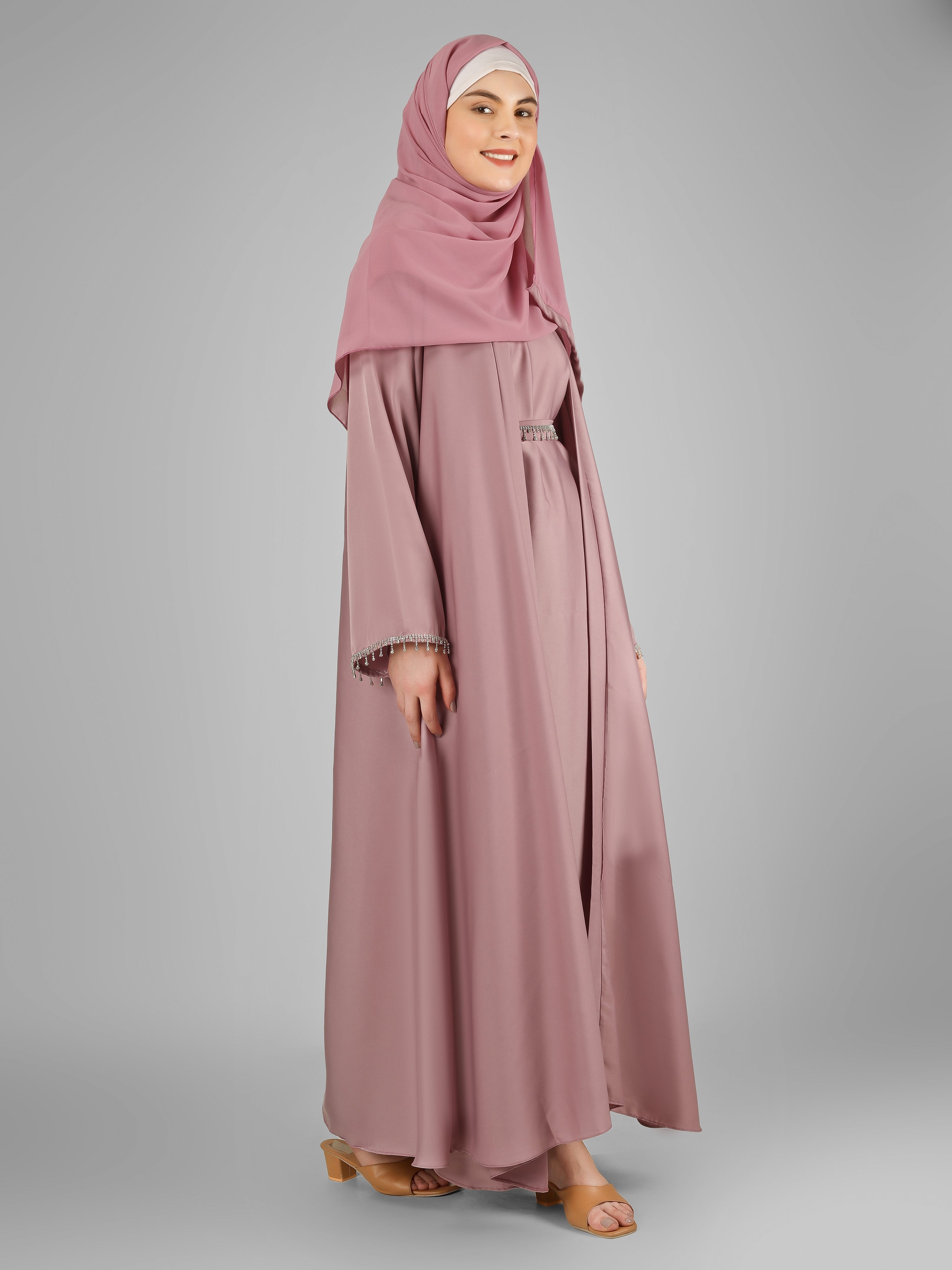 SAFFIA DOUBLE SHRUG LACE ABAYA | MAUVE PINK