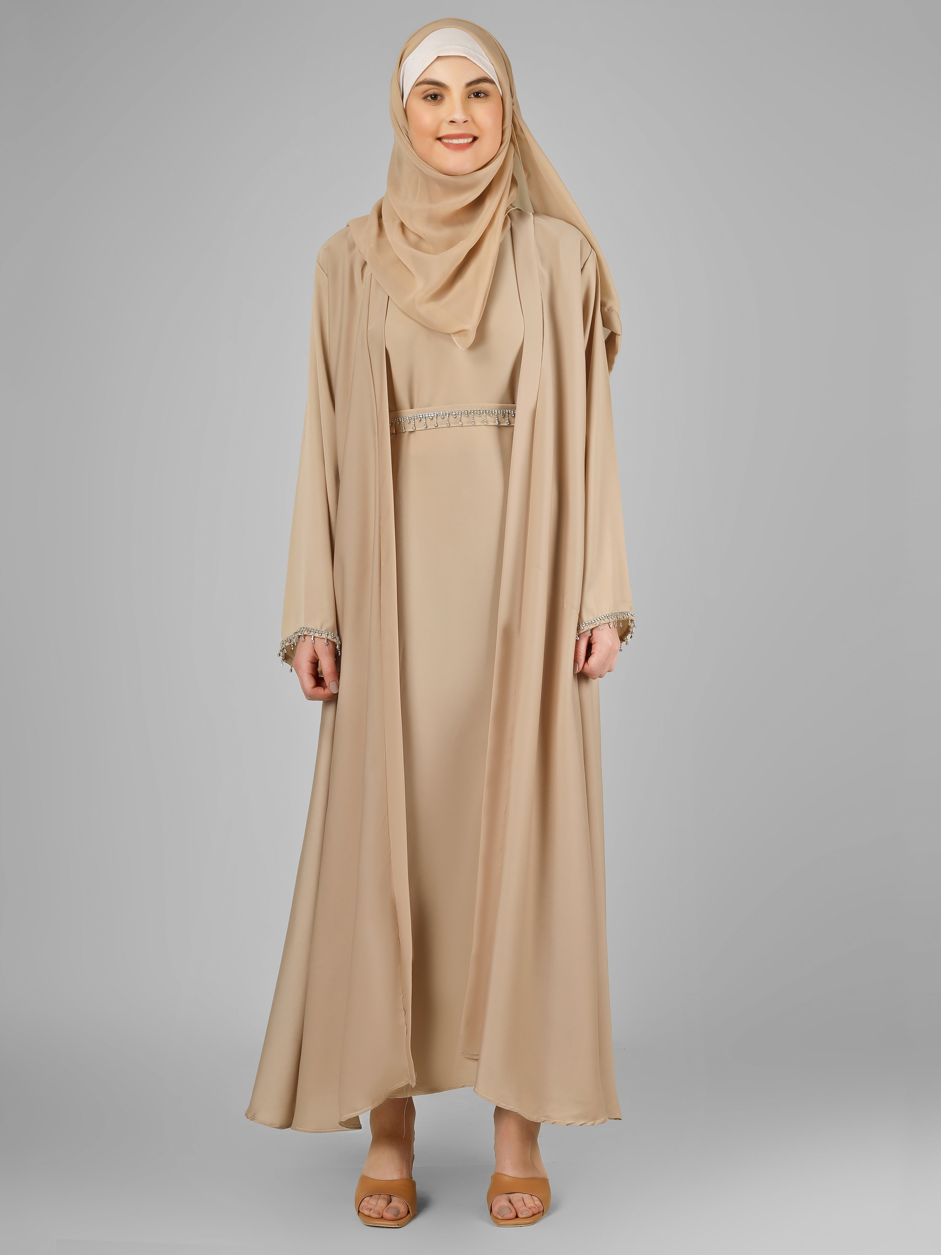 SAFFIA DOUBLE SHRUG LACE ABAYA | NUDE