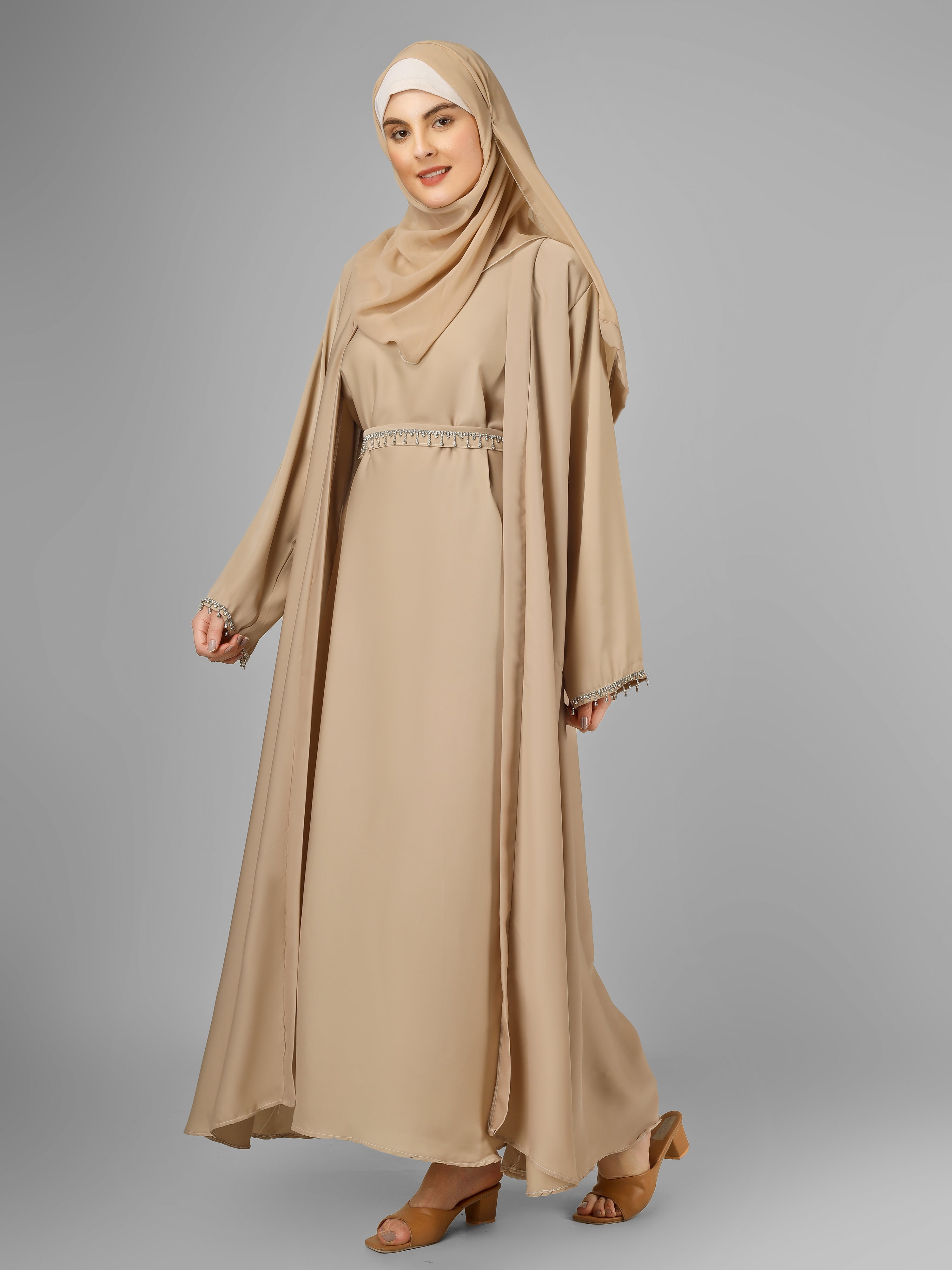 SAFFIA DOUBLE SHRUG LACE ABAYA | NUDE