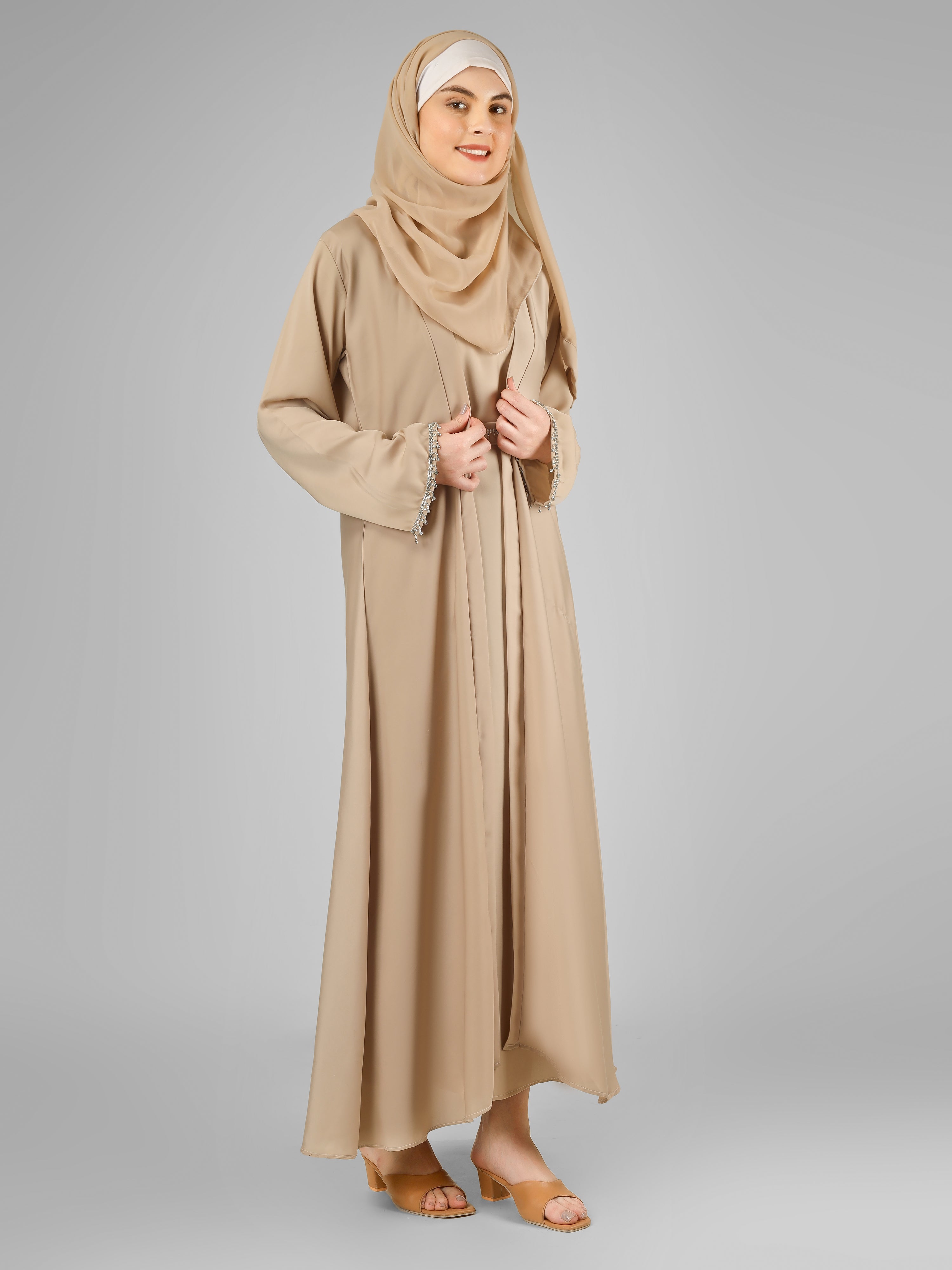 SAFFIA DOUBLE SHRUG LACE ABAYA | NUDE