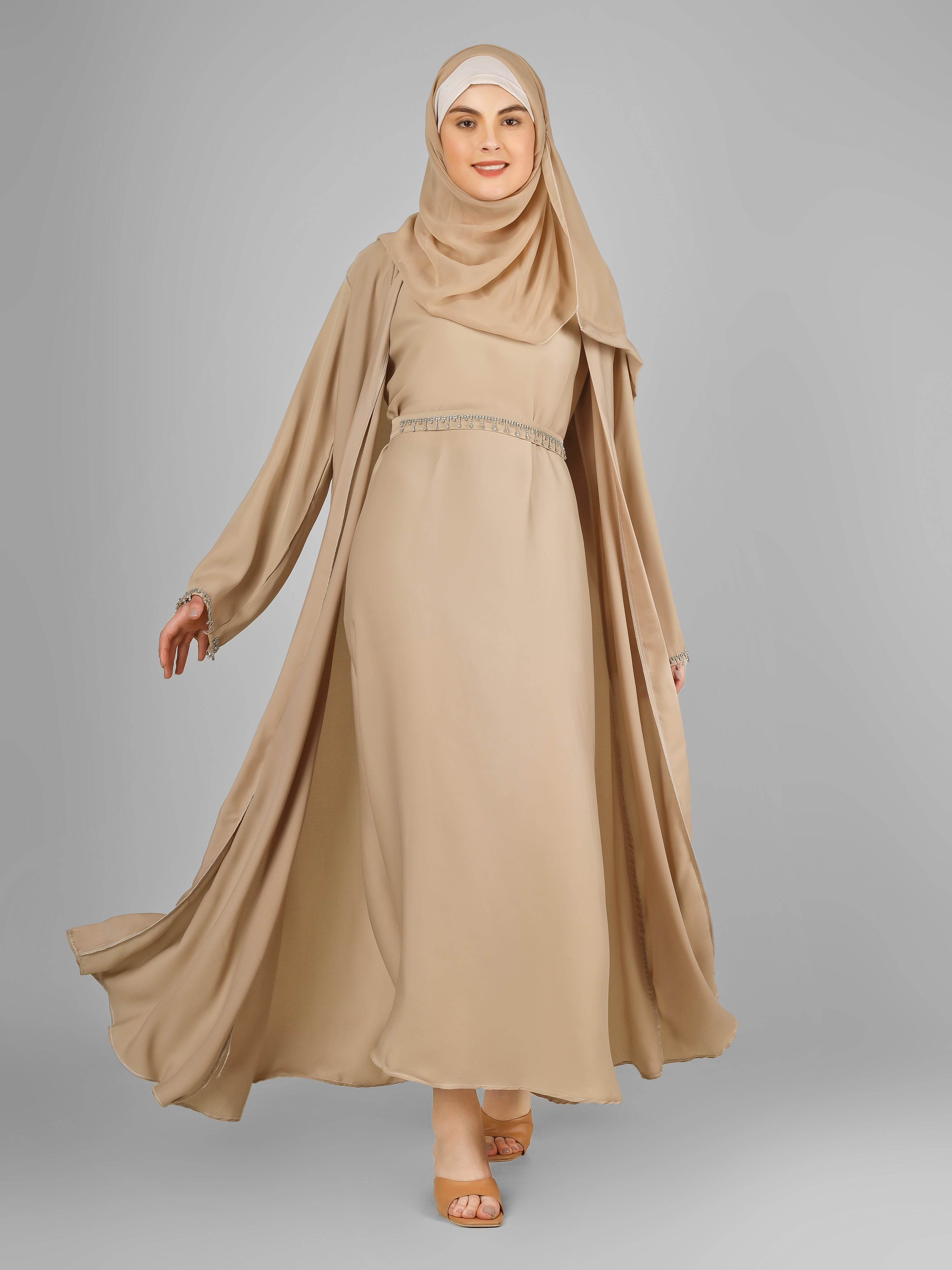 SAFFIA DOUBLE SHRUG LACE ABAYA | NUDE