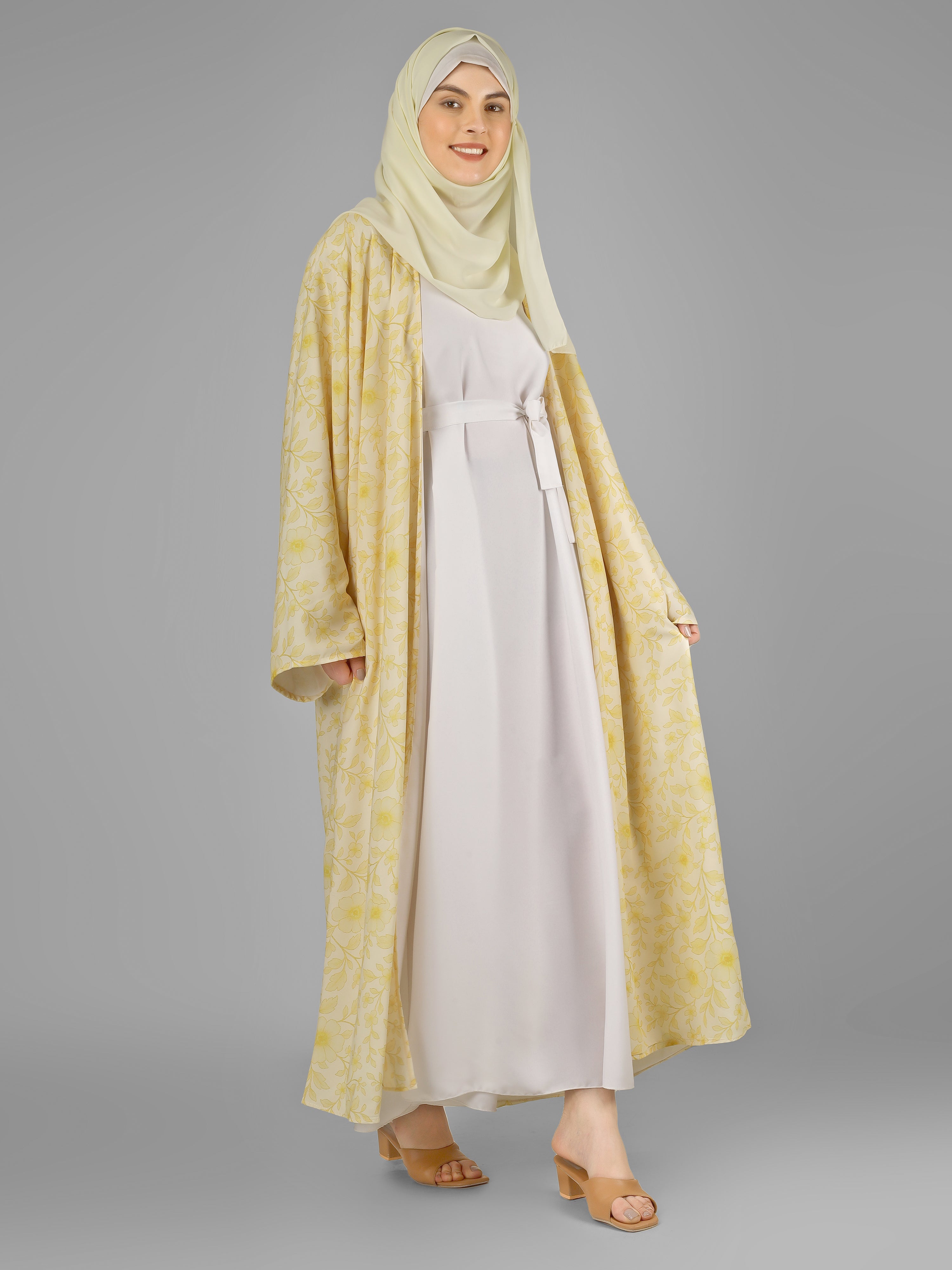 SADAF DOUBLE SHRUG ABAYA | YELLOW
