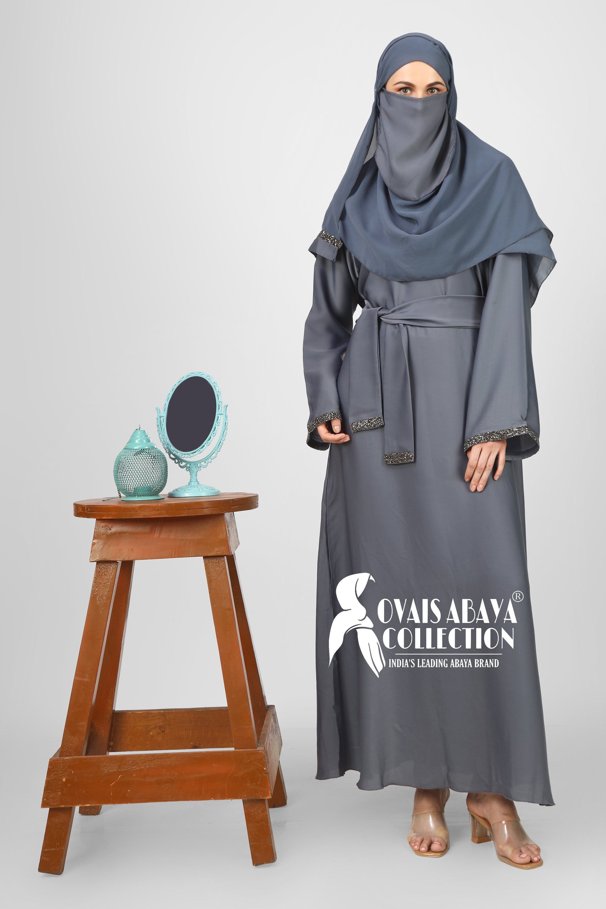 ZAINAB STONE LACE ABAYA | LITE GRAY