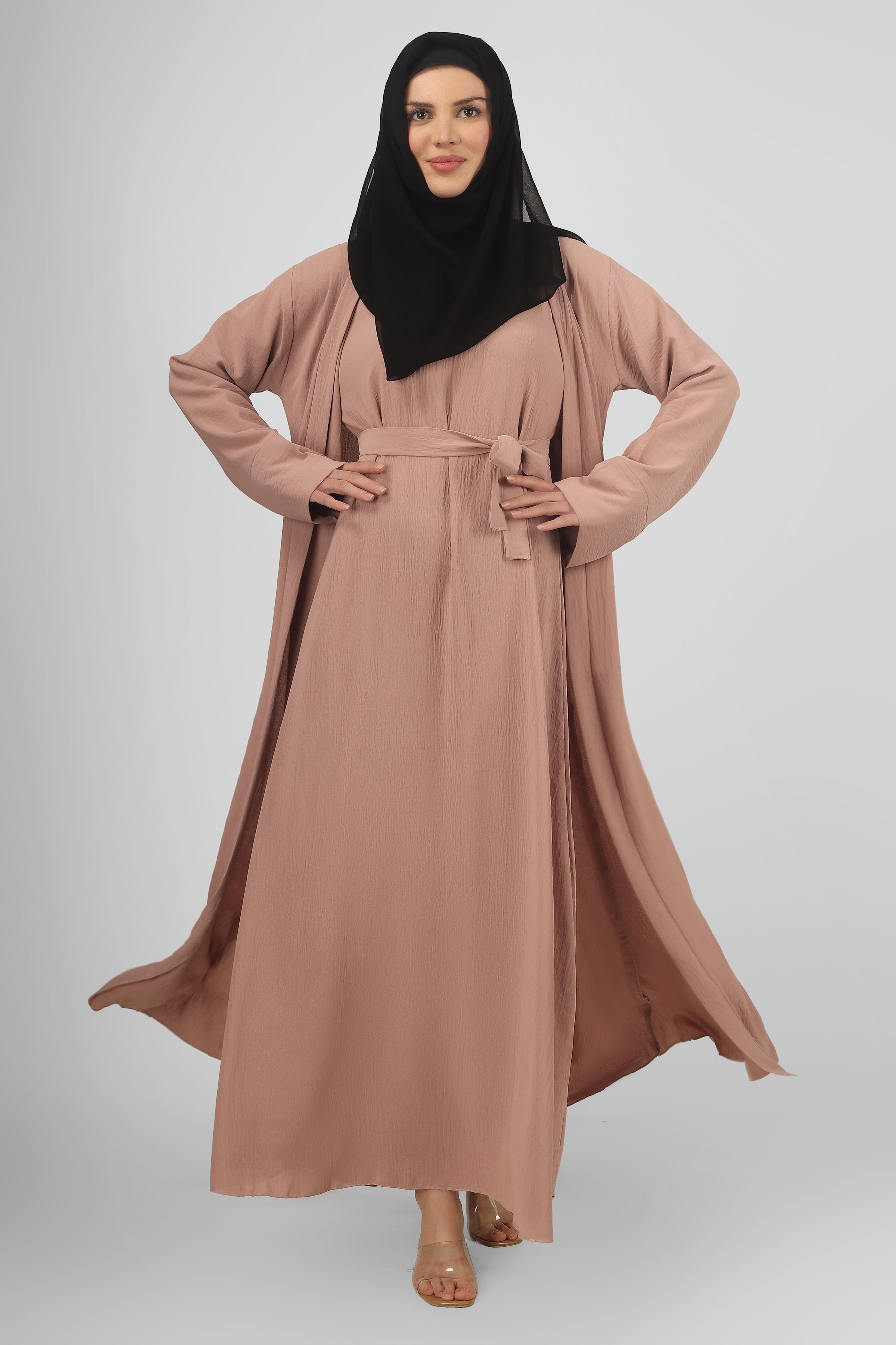 DUBAI CRUSH DOUBLE SHRUG ABAYA | PEACH
