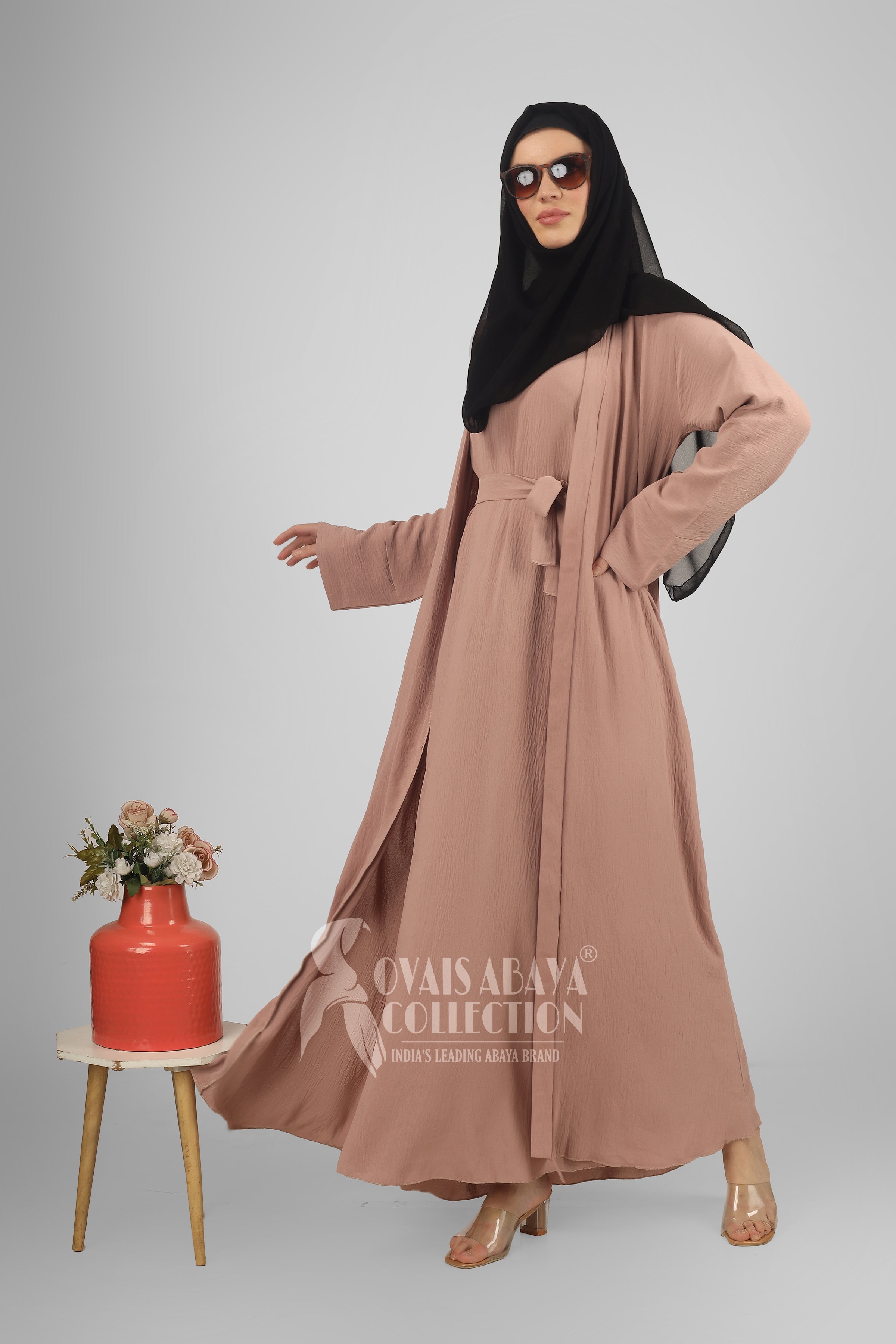 DUBAI CRUSH DOUBLE SHRUG ABAYA | PEACH