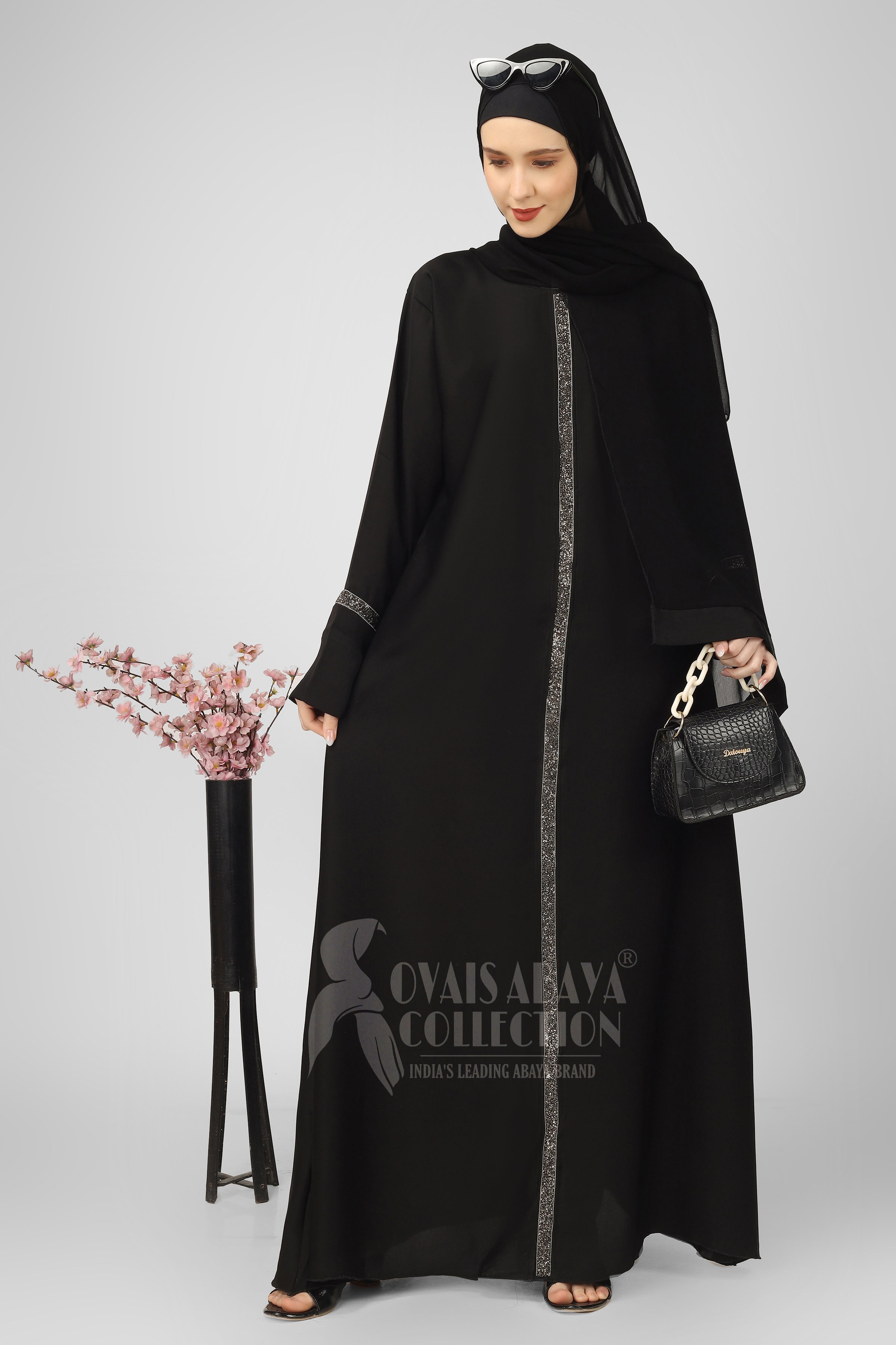 LAIBA STONE LACE ABAYA | BLACK
