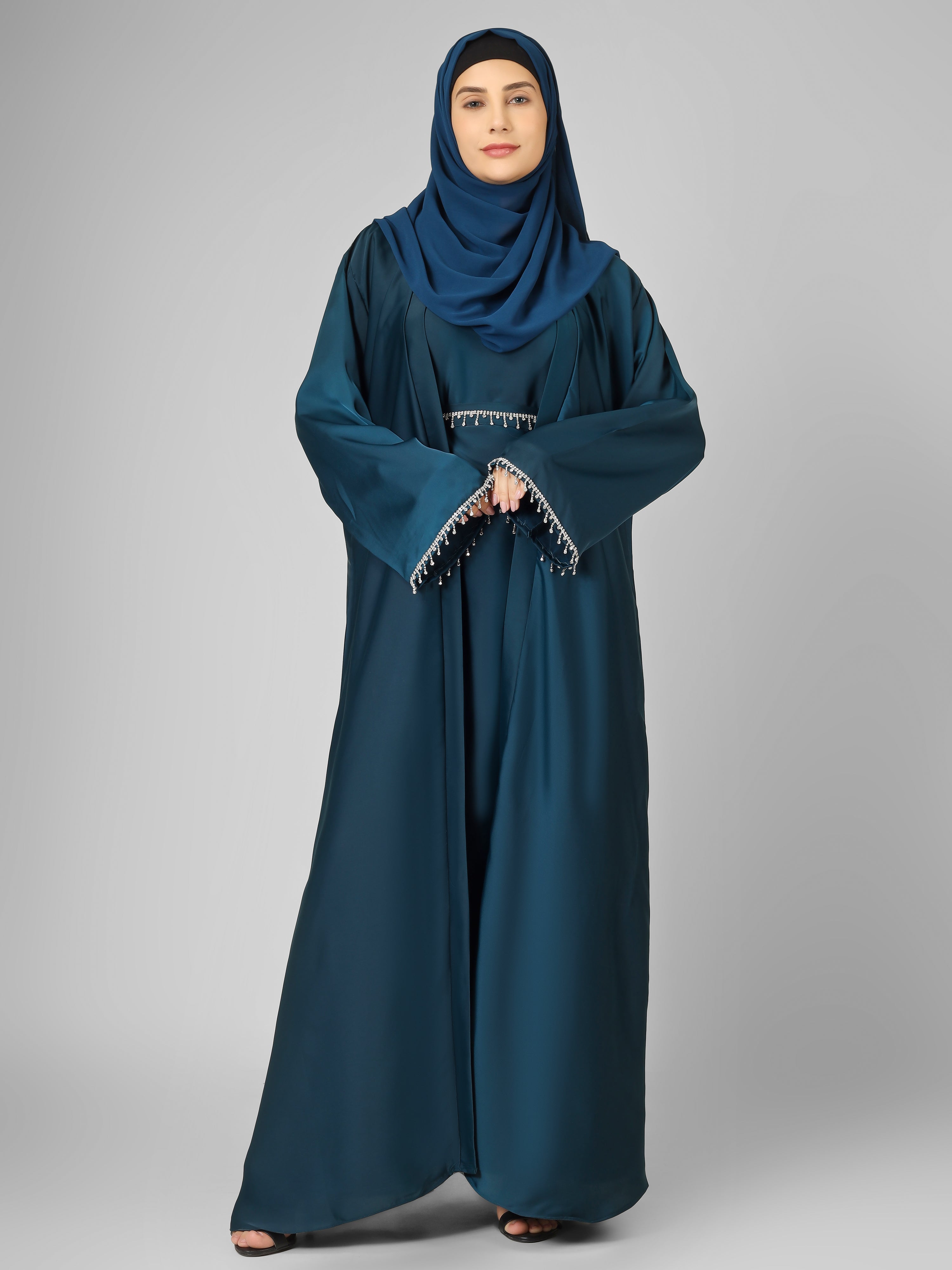 SAFFIA DOUBLE SHRUG LACE ABAYA | TEAL